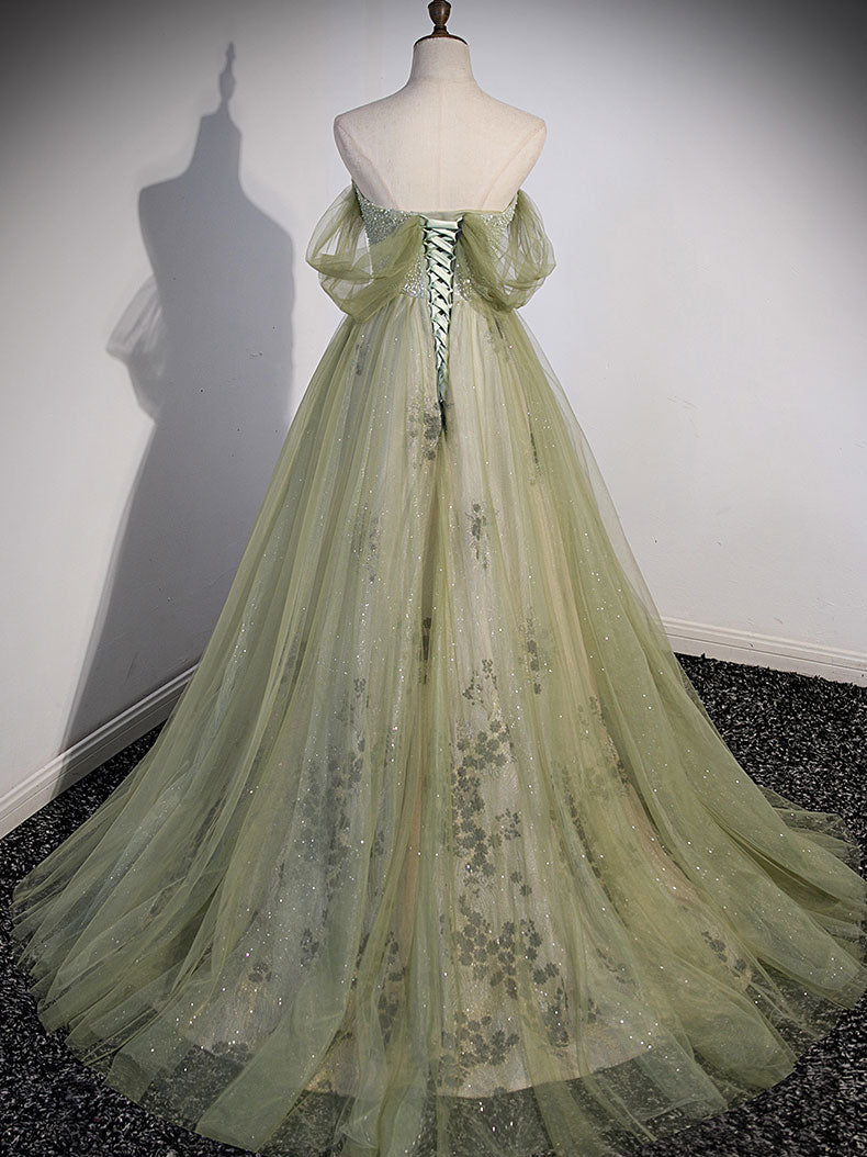 Elegant A-Line Green Tulle Long Prom Dress with Beading - Formal Evening Gown for Homecoming, Wedding, and Special Occasions