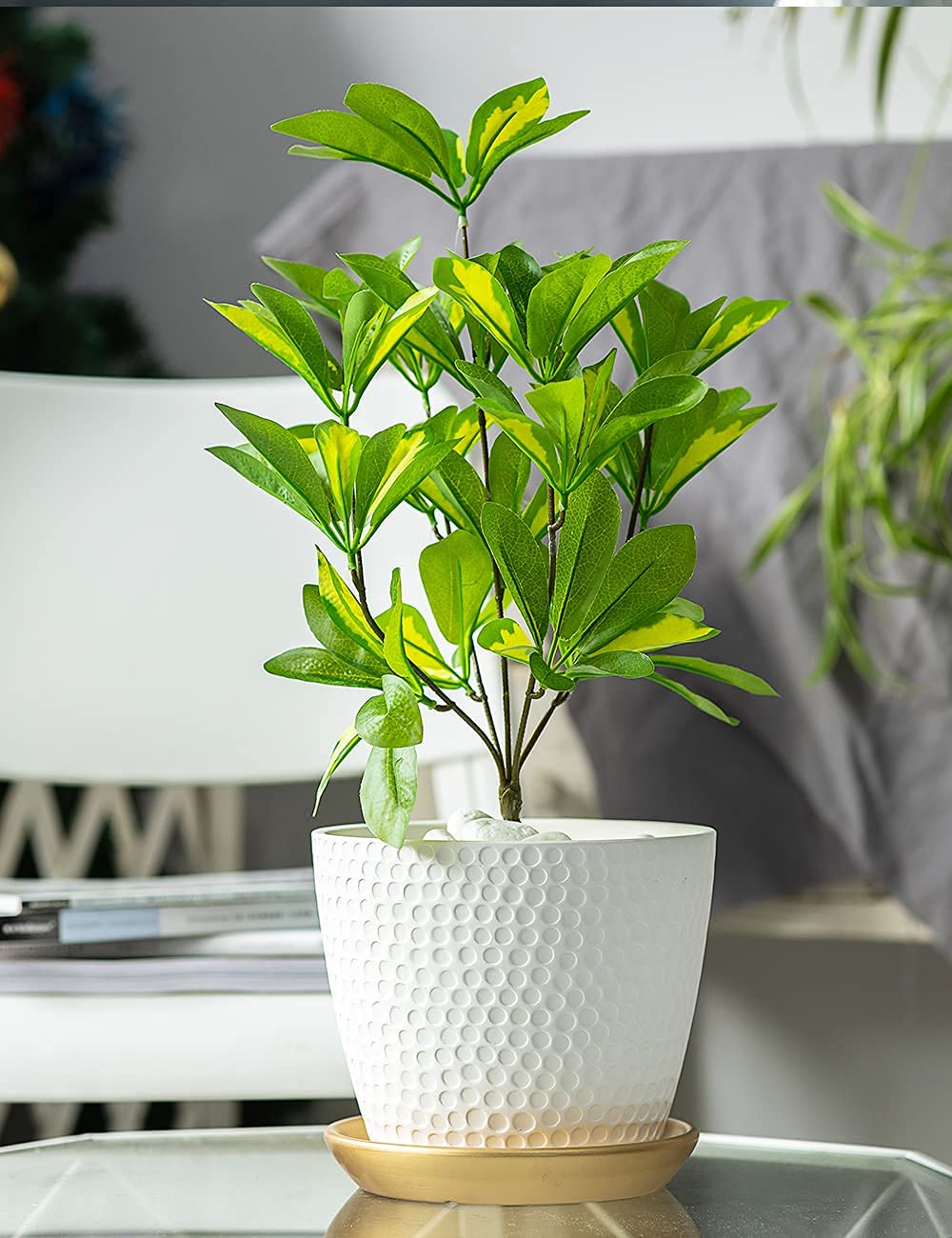 10 Inch White Honeycomb Ceramic Planter with Drainage Hole & Saucer - Indoor/Outdoor Flower Pot for Succulents, Herbs, Small Plants - Perfect for Home, Office, Garden Decor