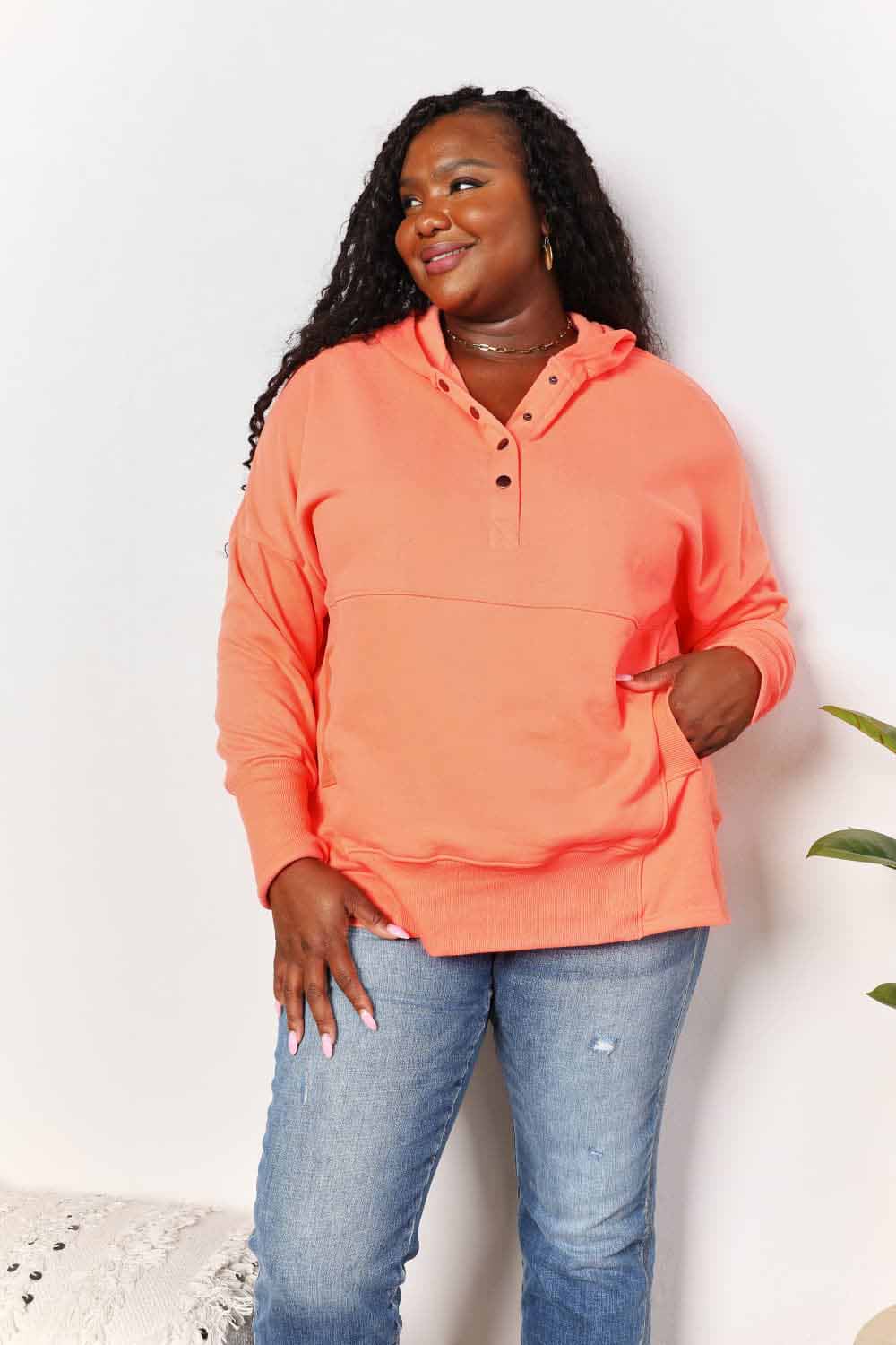 Quarter Snap Dropped Shoulder Hoodie in Tangerine | Trendy Oversized Pullover Sweatshirt for Women & Men | Perfect for Casual Wear, Street Style & Loungewear