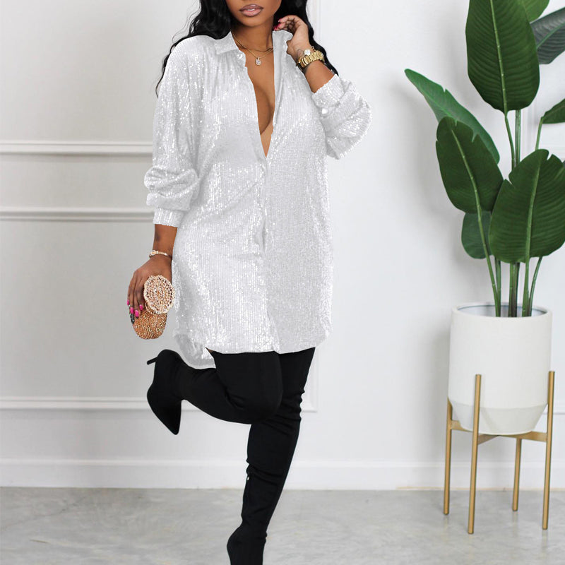 Elegant Solid Color Sequined Loose Shirt Dress for Women - Perfect for Parties, Weddings & Evening Events