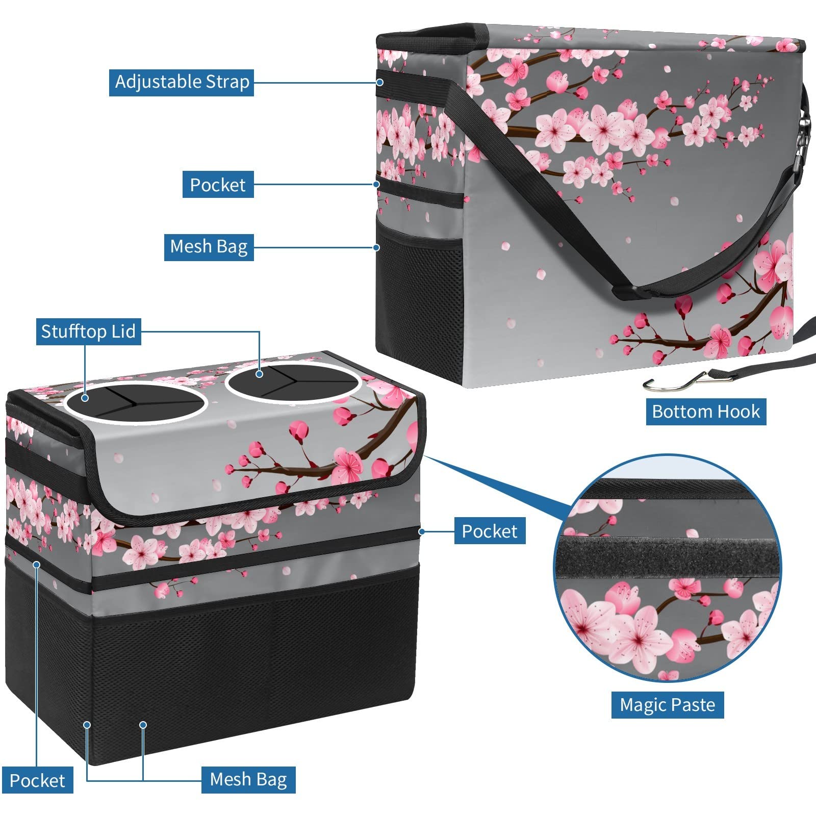 Medium-Sized Leak-Proof Waterproof Car Trash Can with Lid - Pink Cherry Blossom Design, Foldable & Portable Headrest Trash Bag with Storage Mesh - Perfect for Road Trips, Commuting & Keeping Your Vehicle Clean
