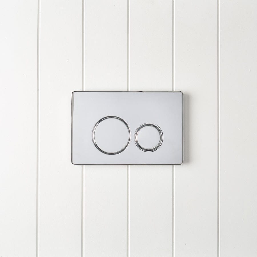 Wall-Mounted Curved Toilet with Round Chrome Flush Buttons - Space-Saving Modern Bathroom Solution for Small Spaces & Contemporary Homes