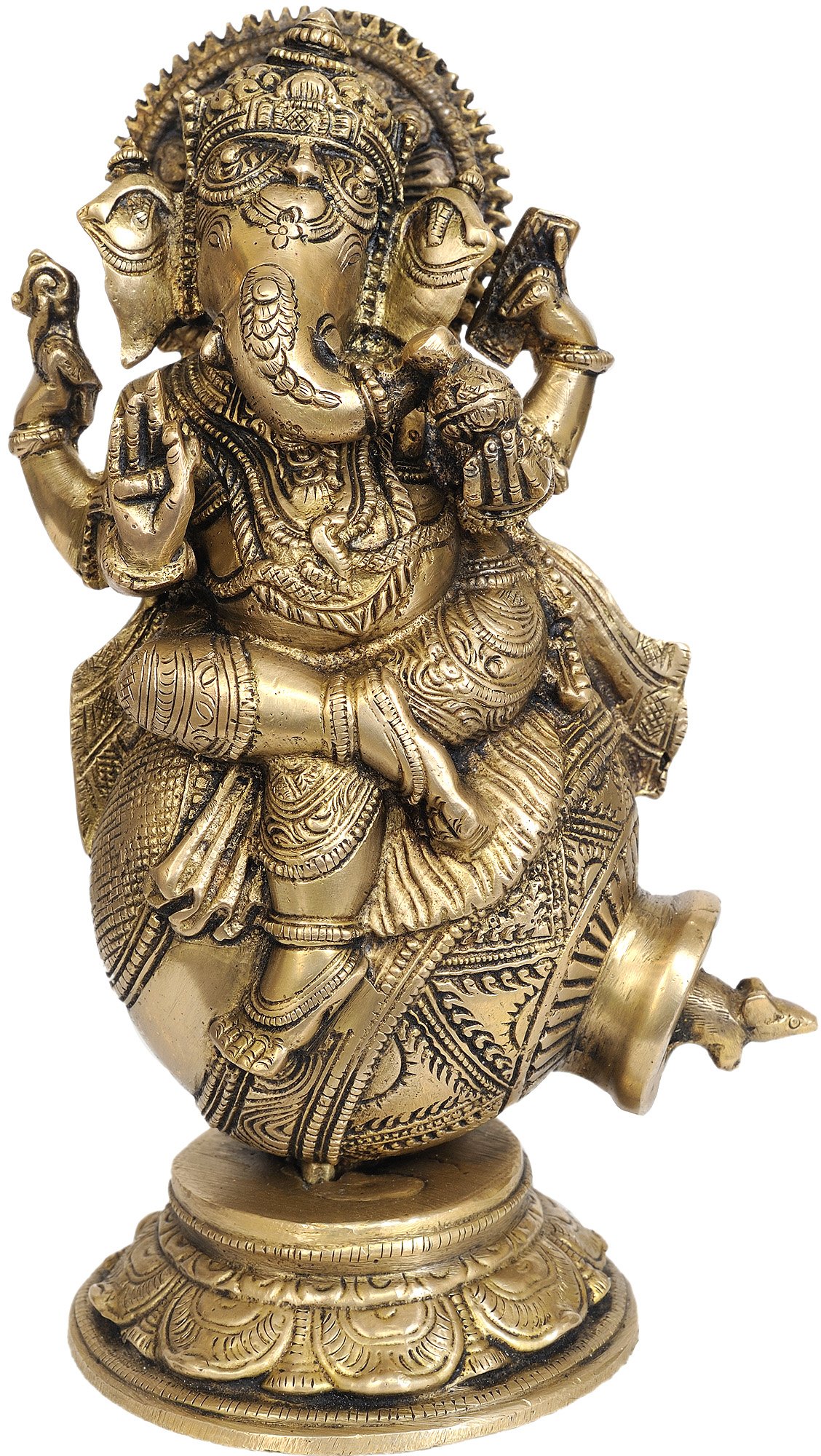 Handcrafted Ganesha Brass Statue with Mouse Peeking from Pot - Hindu God of Wisdom & Prosperity - Perfect for Home Altar, Office Decor & Spiritual Gifts