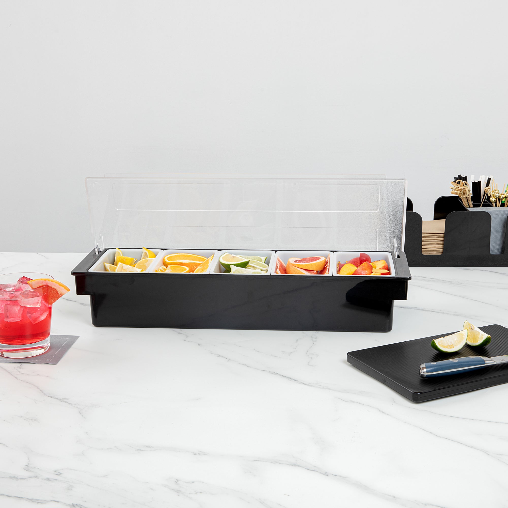 Black Plastic Condiment Caddy Organizer - 5 Compartment Kitchen Utensil Holder (19.5