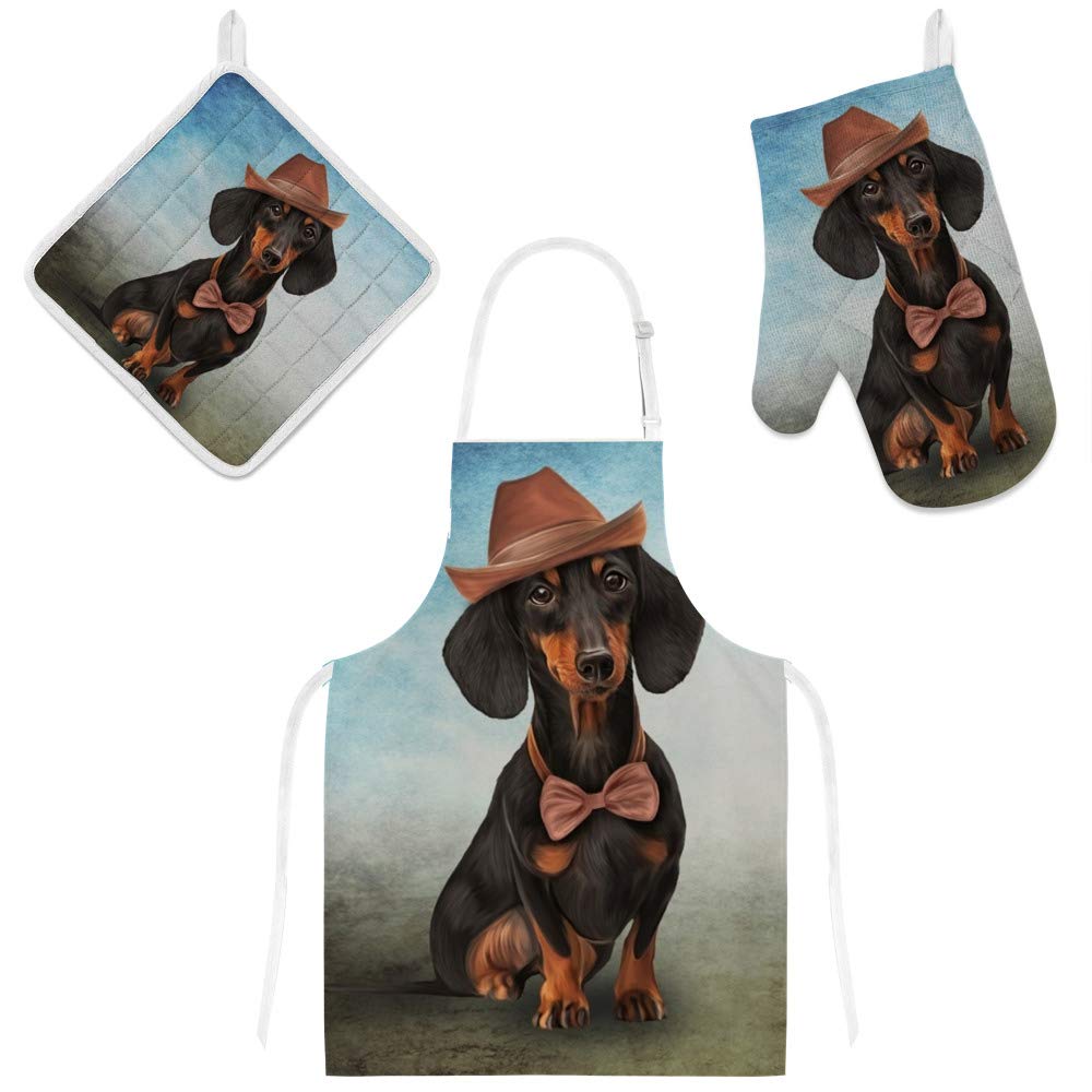 Dachshund Dog Print Adjustable Kitchen Apron with Pockets, Oven Mitt & Pot Holder Set (3-Piece) - Perfect for Cooking, Baking, Grilling & Home Kitchen Use
