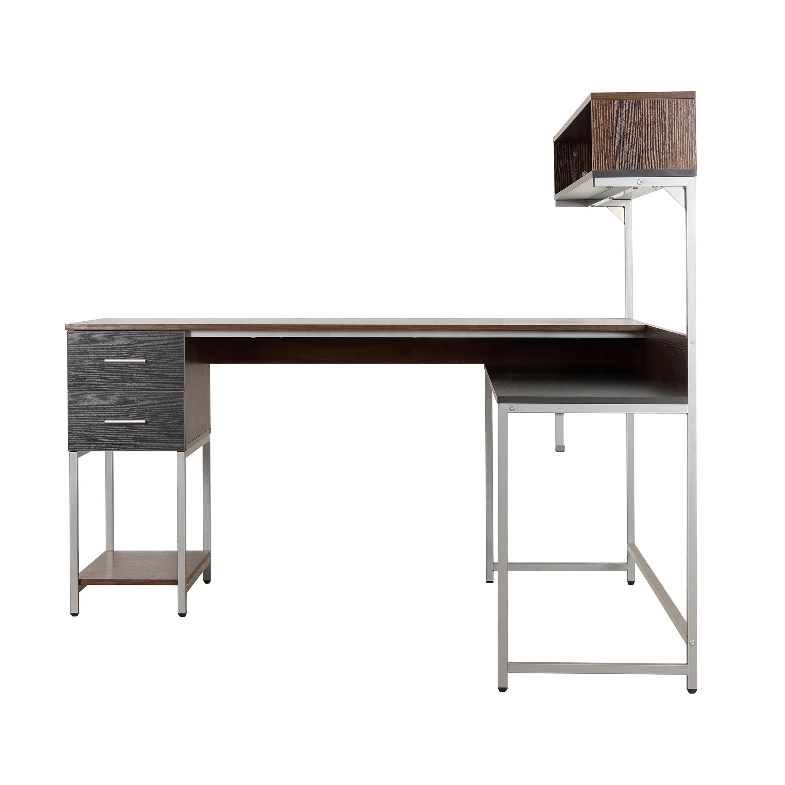 Techni Mobili L-Shaped Corner Computer Desk with Hutch, Storage Drawers & Open Shelf - Walnut Home Office Workstation for PC, Printer & Study Space