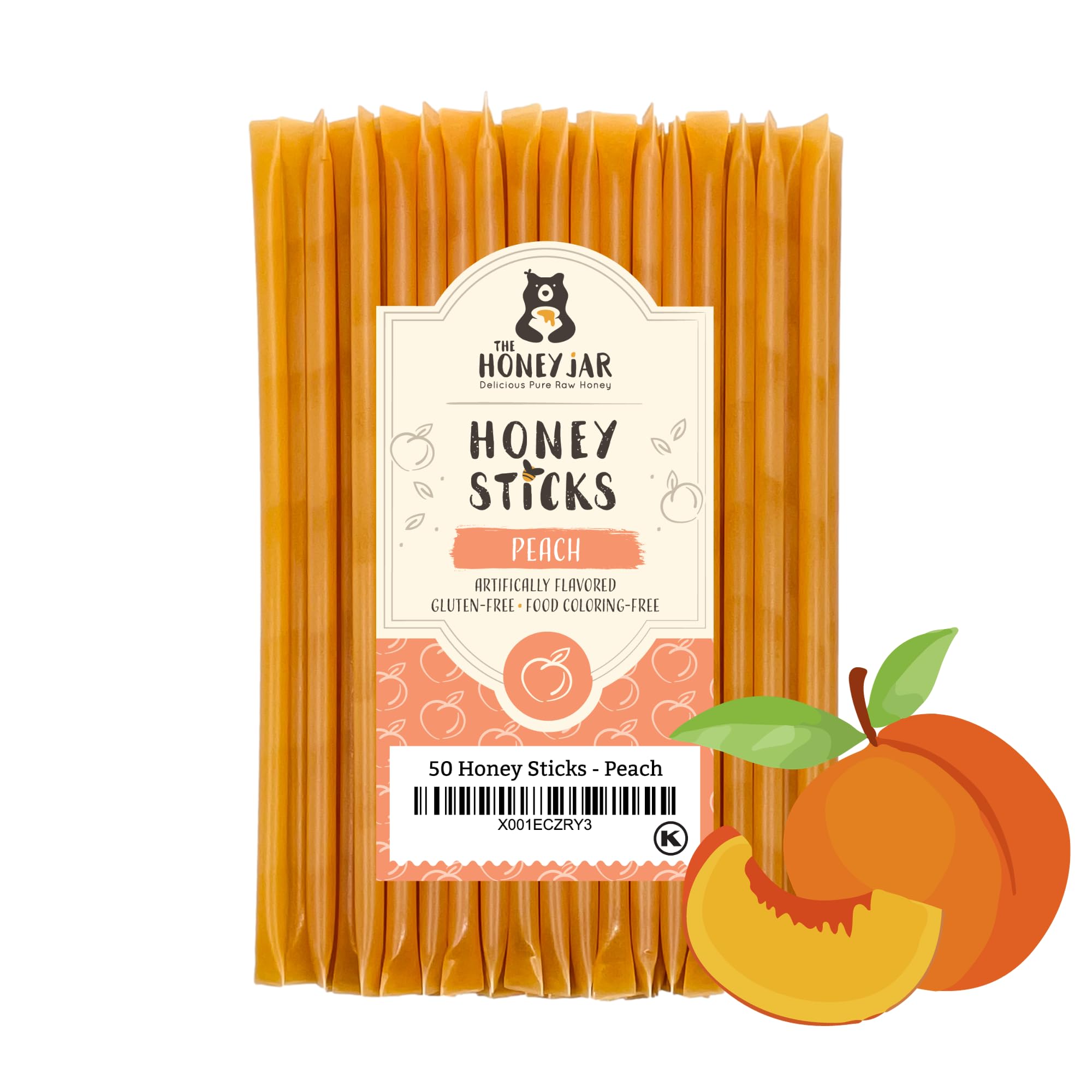 Peach Flavored Honey Sticks - Pure Natural Honey Straws for Tea, Coffee & Healthy Snacks - 1 Teaspoon Per Stick - Made in USA with Real Honey (50 Count) - Perfect for Office, Travel & Kids Lunchboxes