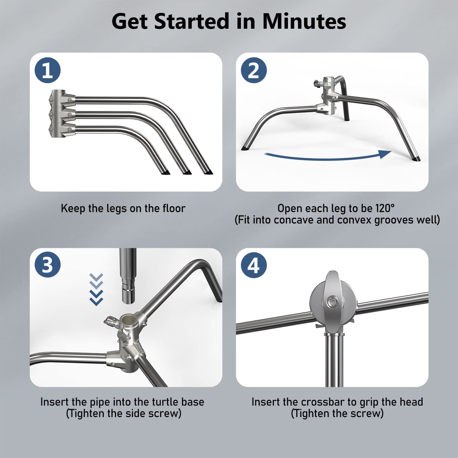 Heavy Duty Photography C Stand with Boom Arm - 100% Stainless Steel, Max Height 10.5ft/131in, Professional Light Stand for Studio, Video & Photography (1 Pack) - Perfect for Film Sets, YouTube Videos & Product Photography