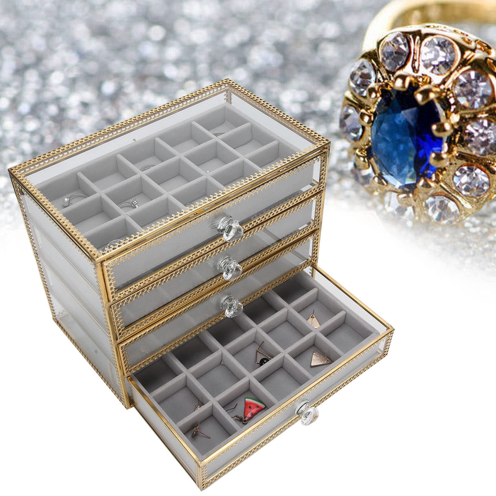 EXCLUZO 60 Grids Clear Glass Nail Art Organizer Box with 4 Drawers - Nail Polish & Jewelry Storage for Salon, Home, and Mall Counter Display