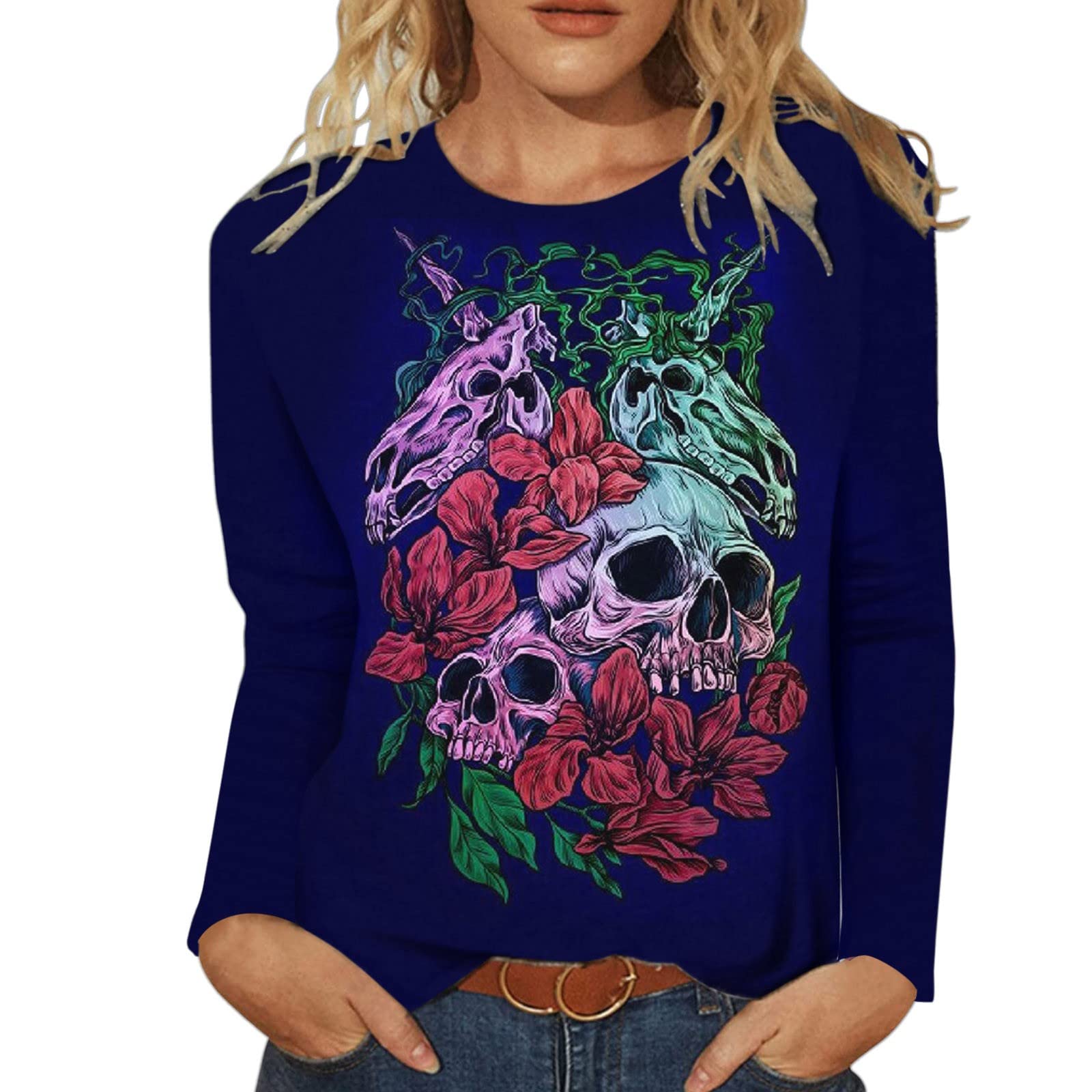 ZLBDYG Women's Halloween Printed Long Sleeve T-Shirt - O-Neck Blouse Top for Costume Parties, Trick or Treating & Spooky Season Outfits