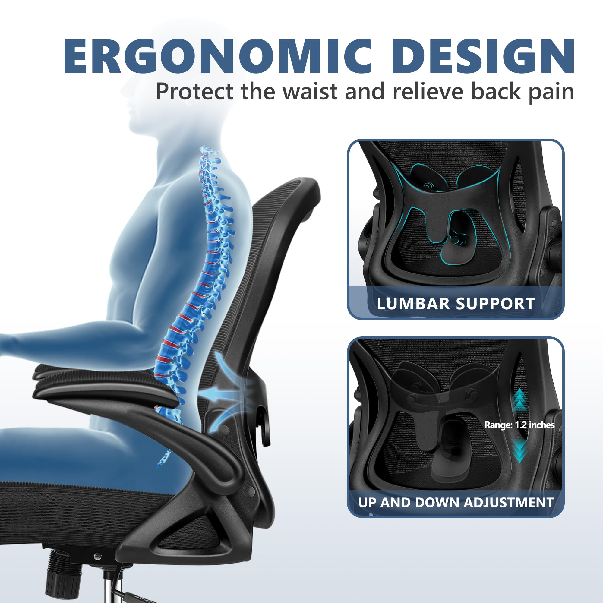Ergonomic Mesh Office Chair with Adjustable Lumbar Support - Breathable Swivel Computer Desk Chair, Mid Back Task Chair with Flip-Up Armrests for Home & Office Workspace - Perfect for Long Hours of Sitting, Gaming, or Remote Work (Black)