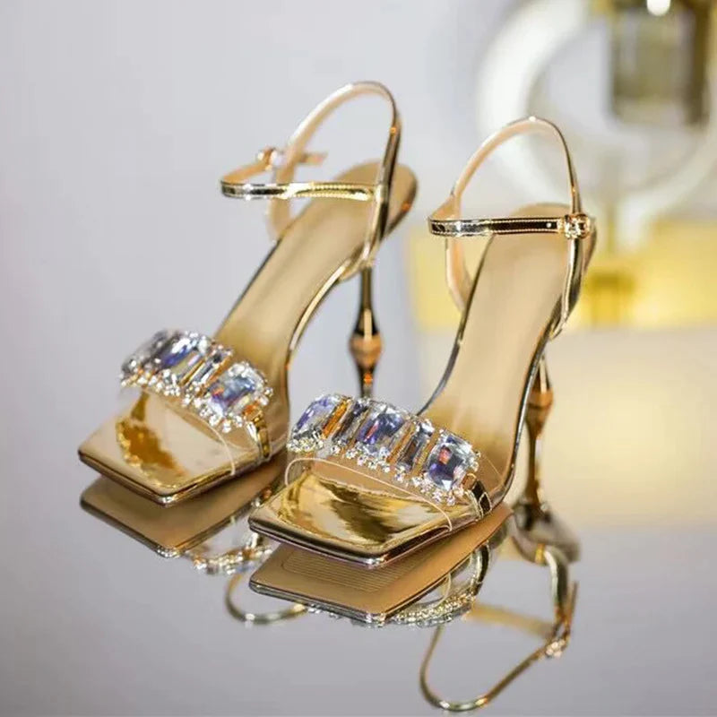 Luxury Gold & Silver High Heel Sandals for Women - Summer Square Toe Crystal Ankle Strap Party Pumps with Thin Heel - Perfect for Weddings, Prom, Evening Events & Special Occasions