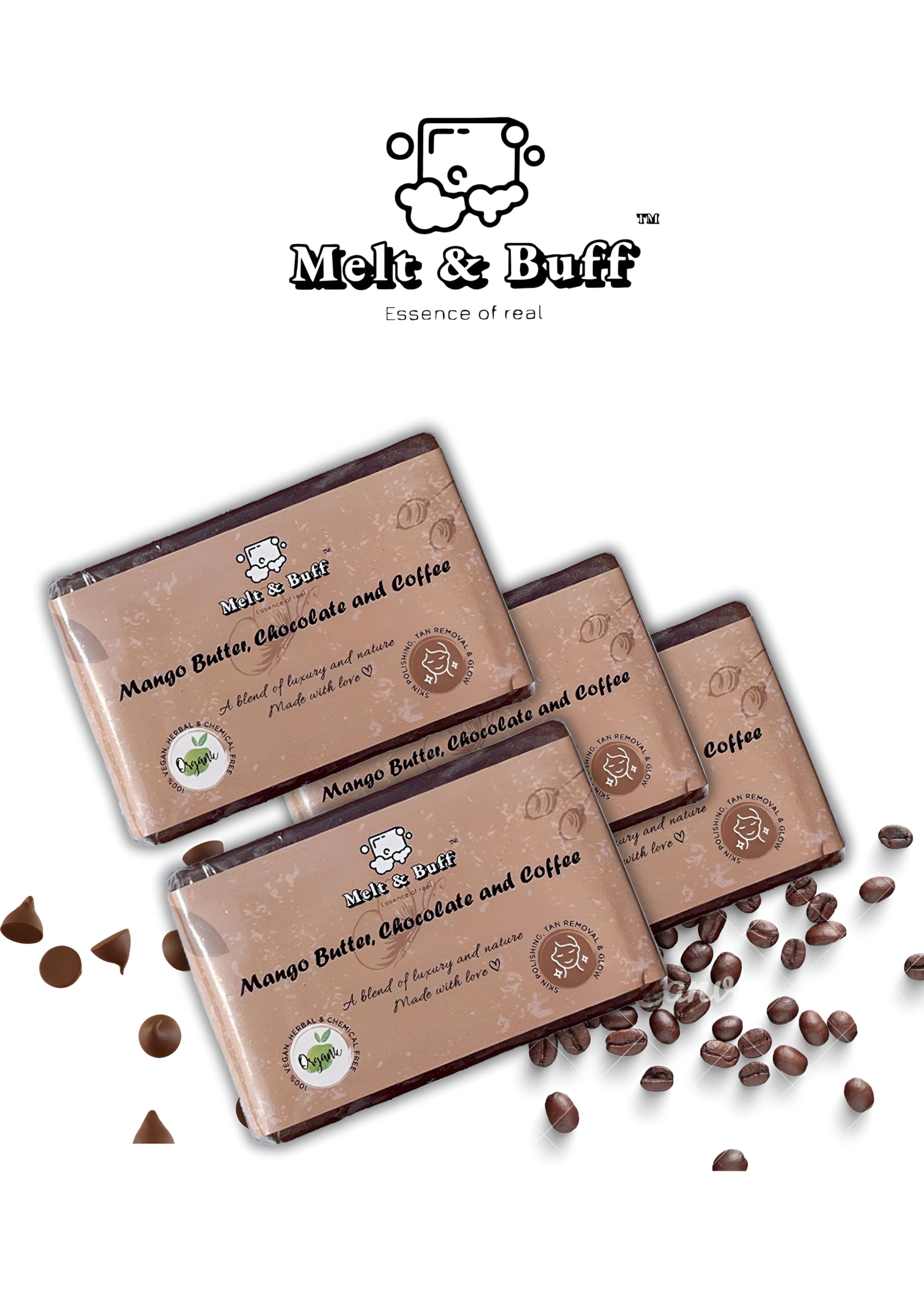 Organic Handmade Melt and Buff Soap Bars - Chemical Free, 100g (Pack of 4) - Chocolate Scented for Luxurious Skin Care & Relaxing Bath Time