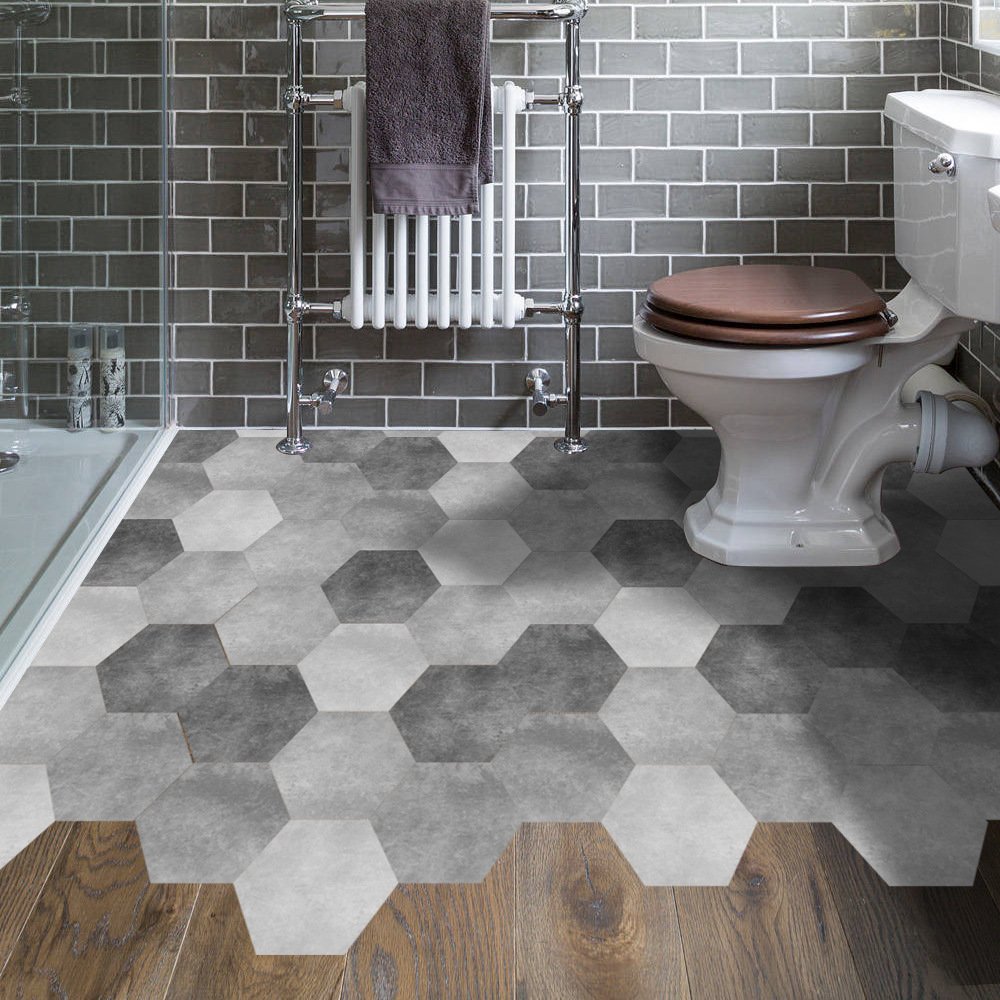 Hexagonal Self-Adhesive Floor Tile Stickers - Non-Slip Waterproof Vinyl Flooring for Kitchen, Bedroom, Bathroom & Balcony - Ash Gray Peel and Stick Tiles (60 Pcs/6 Sets) - Perfect for Home Renovation, DIY Projects & Rental Apartment Upgrades