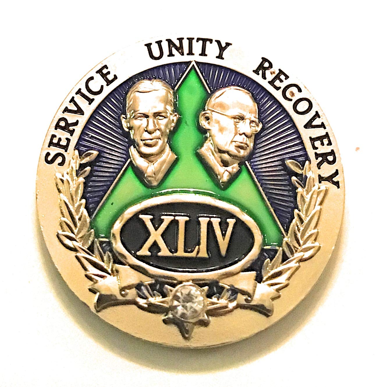 44 Year AA Medallion - Green & Gold Sobriety Chip with Bill & Bob - Alcoholics Anonymous Recovery Token for Milestone Celebrations & 12-Step Meetings