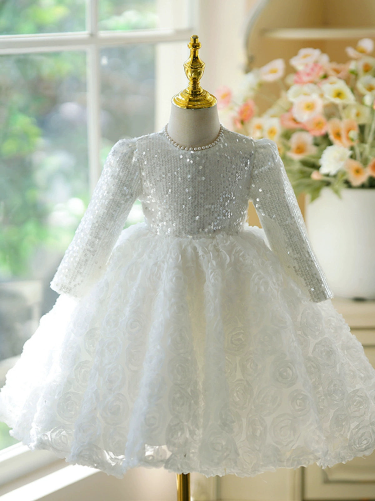 White Princess Jewel Neck Tea Length Polyester Flower Girl Dress for Weddings, Baptisms & Special Occasions