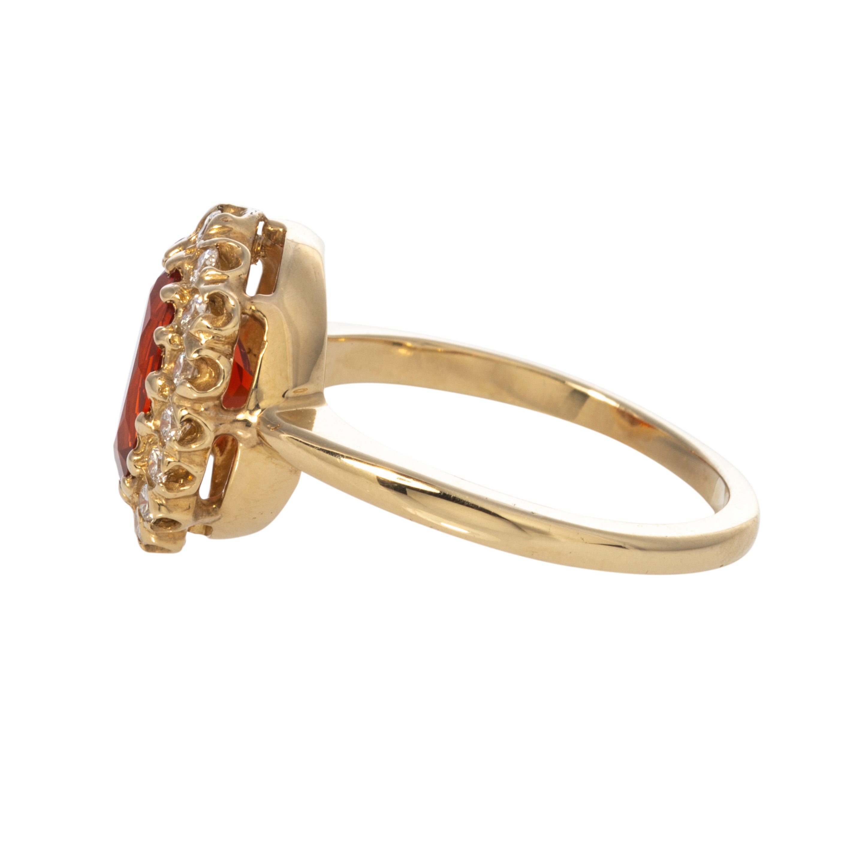 Exquisite 14K Yellow Gold Oval Mexican Fire Opal & Diamond Cluster Ring for Women | Elegant Jewelry Gift for Anniversary, Engagement & Special Occasions