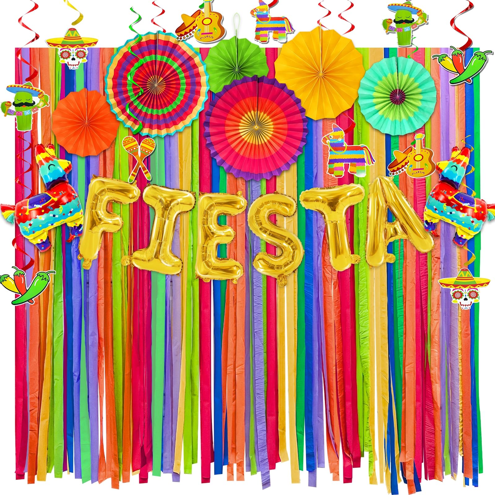 32 Pcs Cinco De Mayo Party Decorations Set - Colorful Mexican Fiesta Supplies with Crepe Paper Streamers, Paper Fans, Piñata Balloons & Hanging Swirls - Perfect for Taco Themed Birthday Parties, Mexican Independence Day Celebrations & Cultural Events