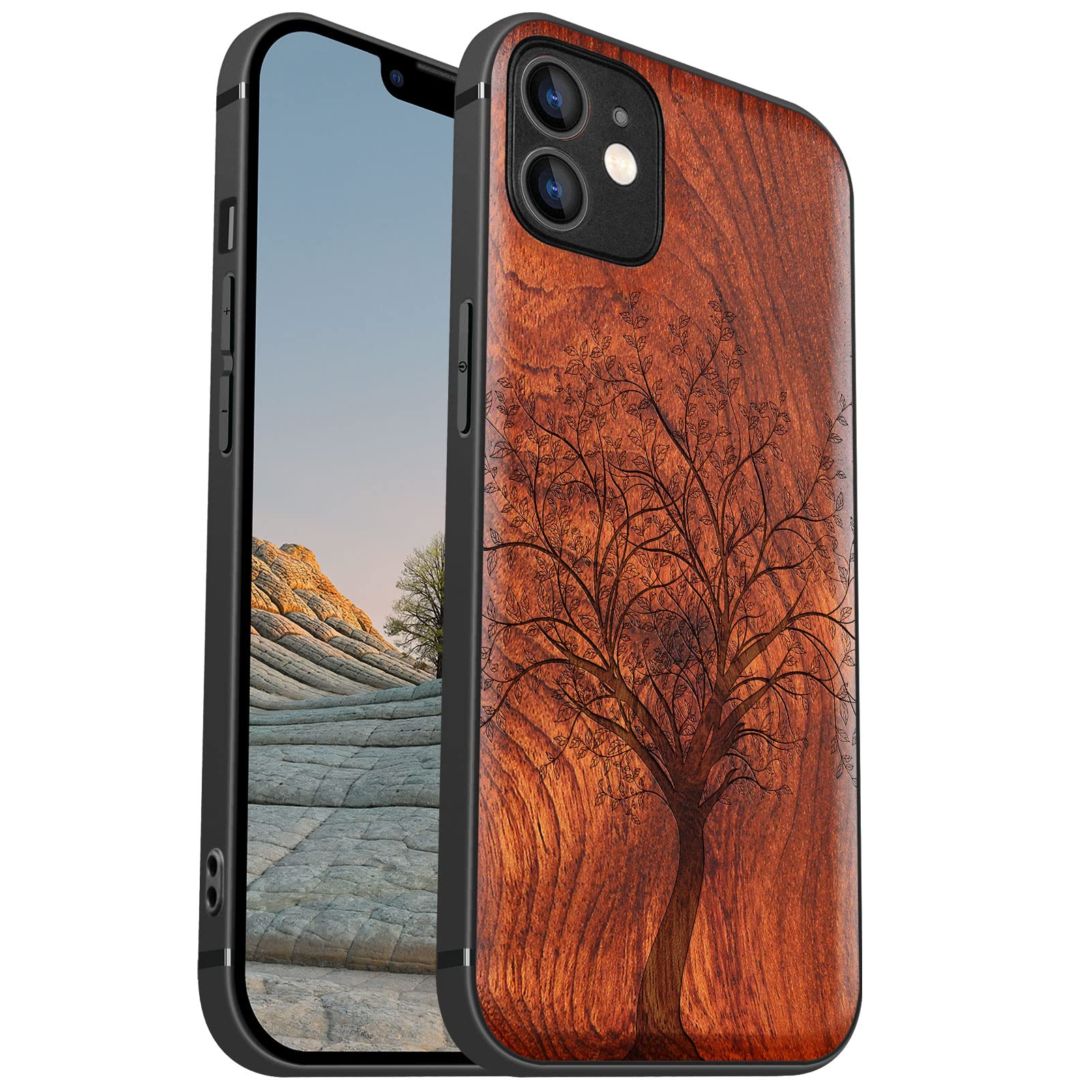 Carveit Magnetic Wooden iPhone 12 Case - Natural Wood & Black TPU Shockproof Protective Cover with MagSafe Compatibility | Premium Wood Phone Case for Everyday Protection (Leafy Tree Red Wood Design) - Perfect for Work, Travel & Outdoor Activities