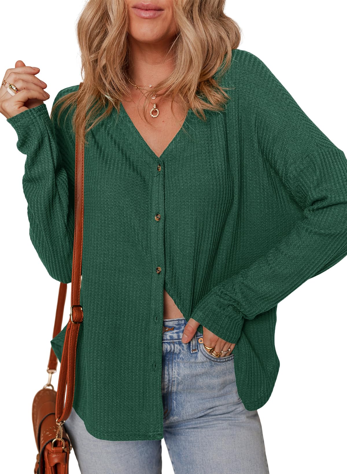 Dokotoo Women's Casual V-Neck Waffle Knit Button Down Long Sleeve Shirt - Loose Fit Tunic Top for Work, Weekend & Layering | Comfortable & Stylish Blouse for Fall & Winter