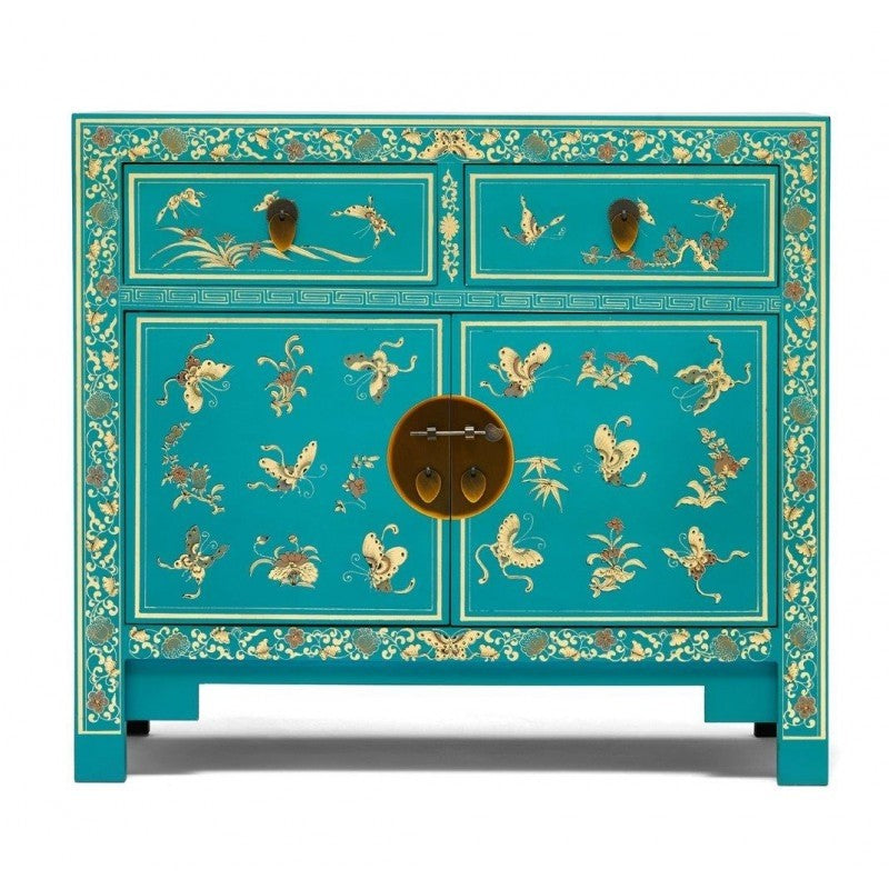 Golden Dragon Oriental Painted Solid Wood Blue and Gold Sideboard Buffet Cabinet - 90x40x80cm - Traditional Chinese Style Storage for Dining Room, Living Room & Entryway