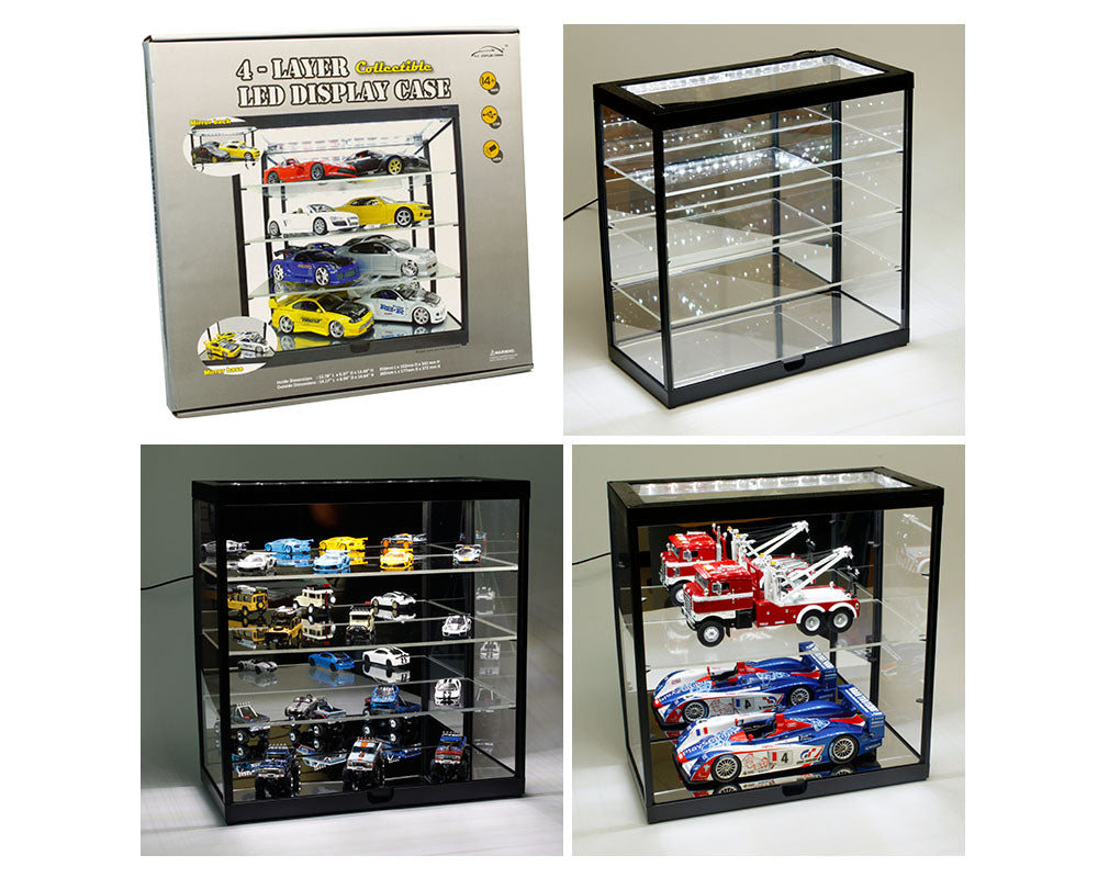 4-Tier LED Display Case for Model Cars - Black Desktop Showcase with Mirror Backdrop | Perfect for Collectors, Home Decor & Office Display