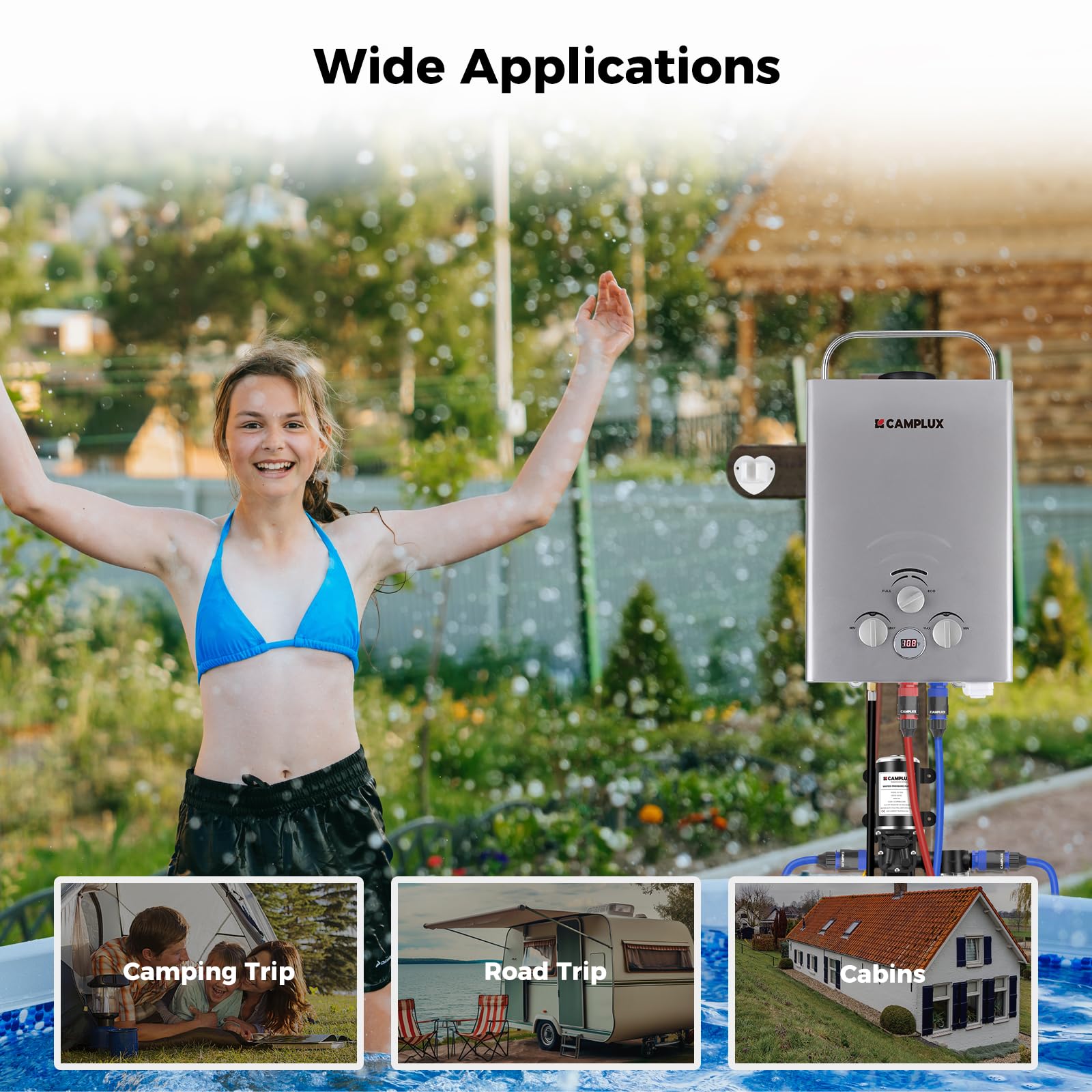CAMPLUX 41,000 BTU Portable Propane Water Heater for Outdoor Camping & RV Use - 1.58 GPM Tankless Design with 1.6 GPM Water Pump (BW158GP60, Gray) - Perfect for Showering, Washing Dishes & Outdoor Adventures