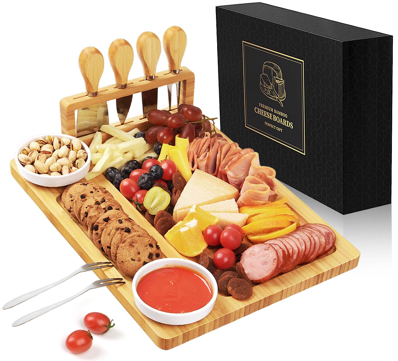 Premium Bamboo Charcuterie Board Set with 4 Stainless Steel Cheese Knives - Elegant Wooden Serving Tray for Cheese, Charcuterie, Fruits & Appetizers - Perfect Housewarming, Christmas, Bridal Shower & Wedding Gift Idea - Great for Entertaining, Parties & Holiday Gatherings