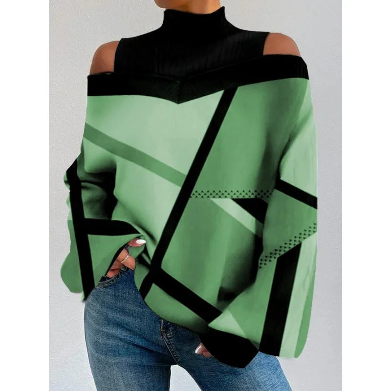 2024 Women's Long Sleeve Turtleneck Tops - Sexy Off Shoulder Hollow Out Loose Print T-Shirt | Autumn Fashion Casual Wear for Date Night, Office & Weekend Outfits