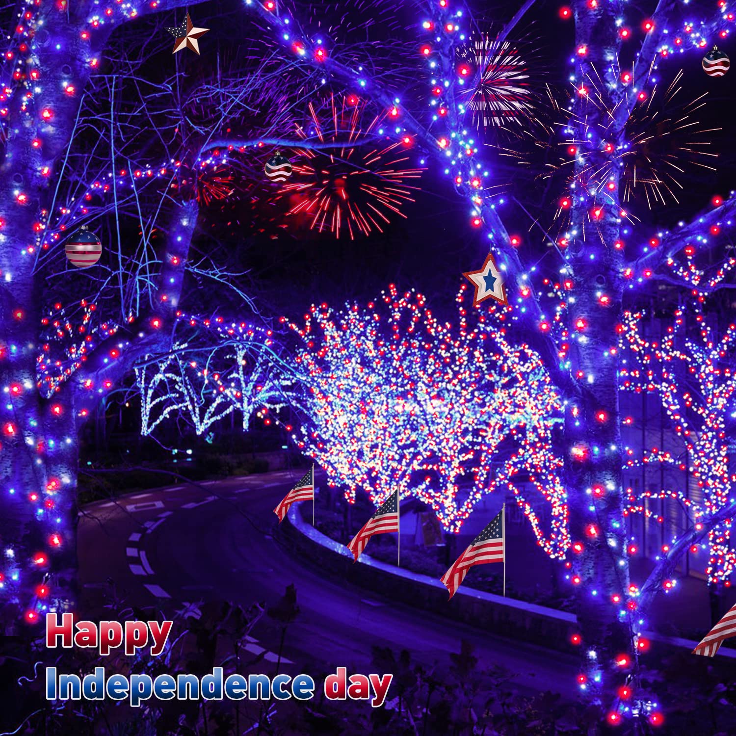 JMEXSUSS 500 LED Patriotic String Lights - Red White & Blue Outdoor Waterproof Holiday Decorations with 8 Lighting Modes, 173ft Plug-in Lights for 4th of July, Memorial Day, Independence Day - Perfect for Backyard, Garden, Party and Festival Decorations