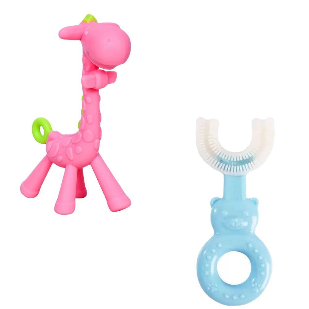 Kritiu Giraffe Shape Teether and U Shape Toothbrush Set - BPA-Free Silicone Baby Teething Toy & Toothbrush for Infants 0-12 Months - Safe, Soft & Practical Oral Care Essentials (Pink & Blue) - Perfect for Soothing Sore Gums & Early Dental Hygiene