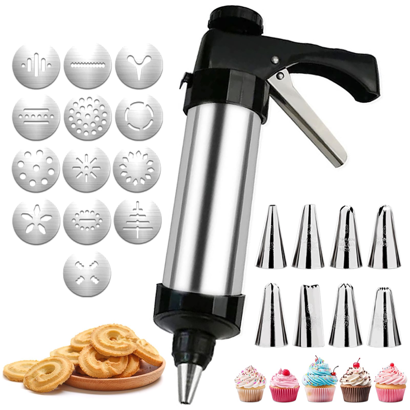 Suuker Stainless Steel Cookie Press Gun Kit - 8 Piping Tips & 13 Cookie Discs for Baking, Cake Decorating, Holiday Cookies, and DIY Dessert Making (Perfect for Christmas, Weddings, and Home Baking)