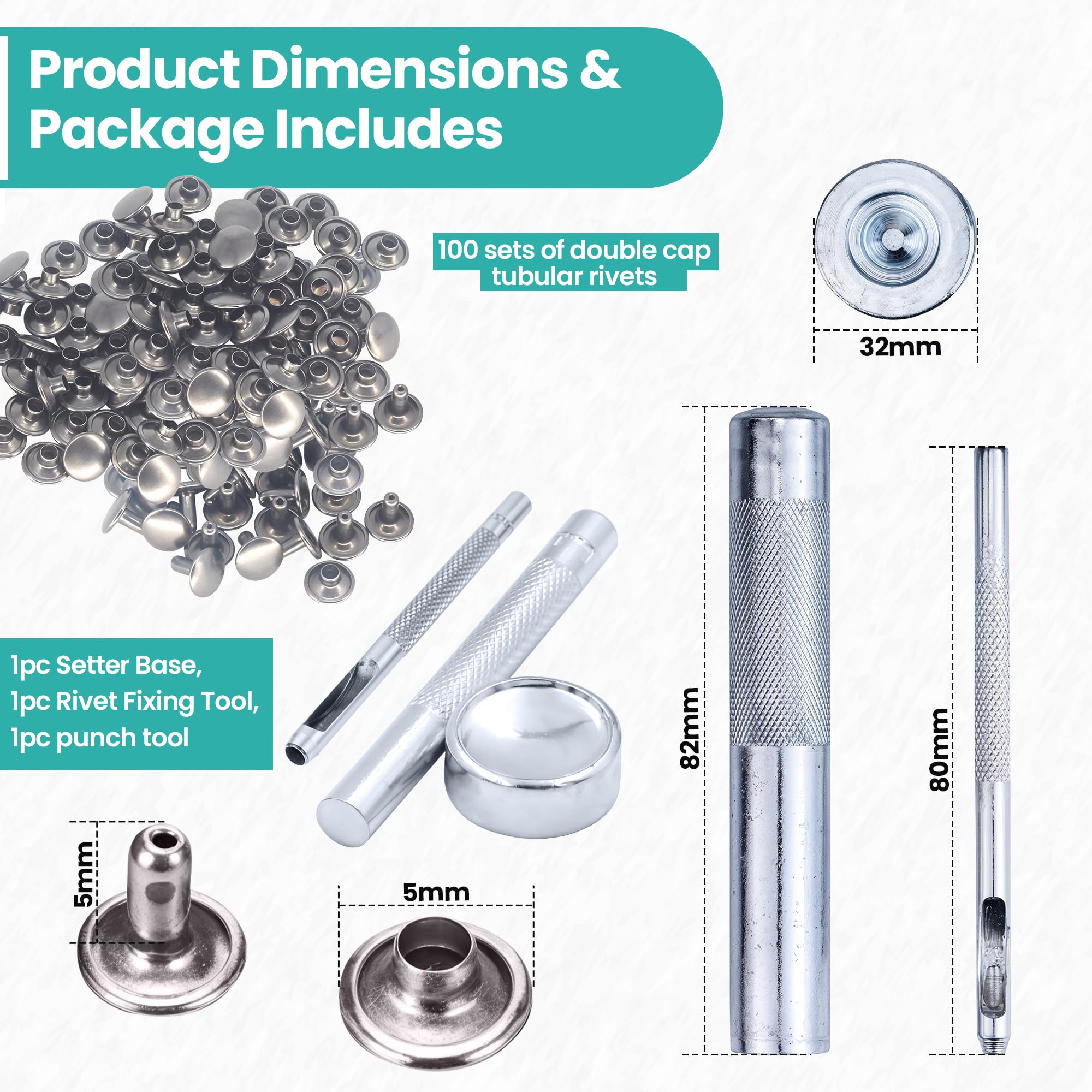 100-Piece Double Cap Tubular Rivets Kit with 3 Hand Tools - 5mm Gun Metal Rivets for Leather Craft, Clothing & Bag Repair - DIY Leatherworking, Shoe & Accessory Fixing