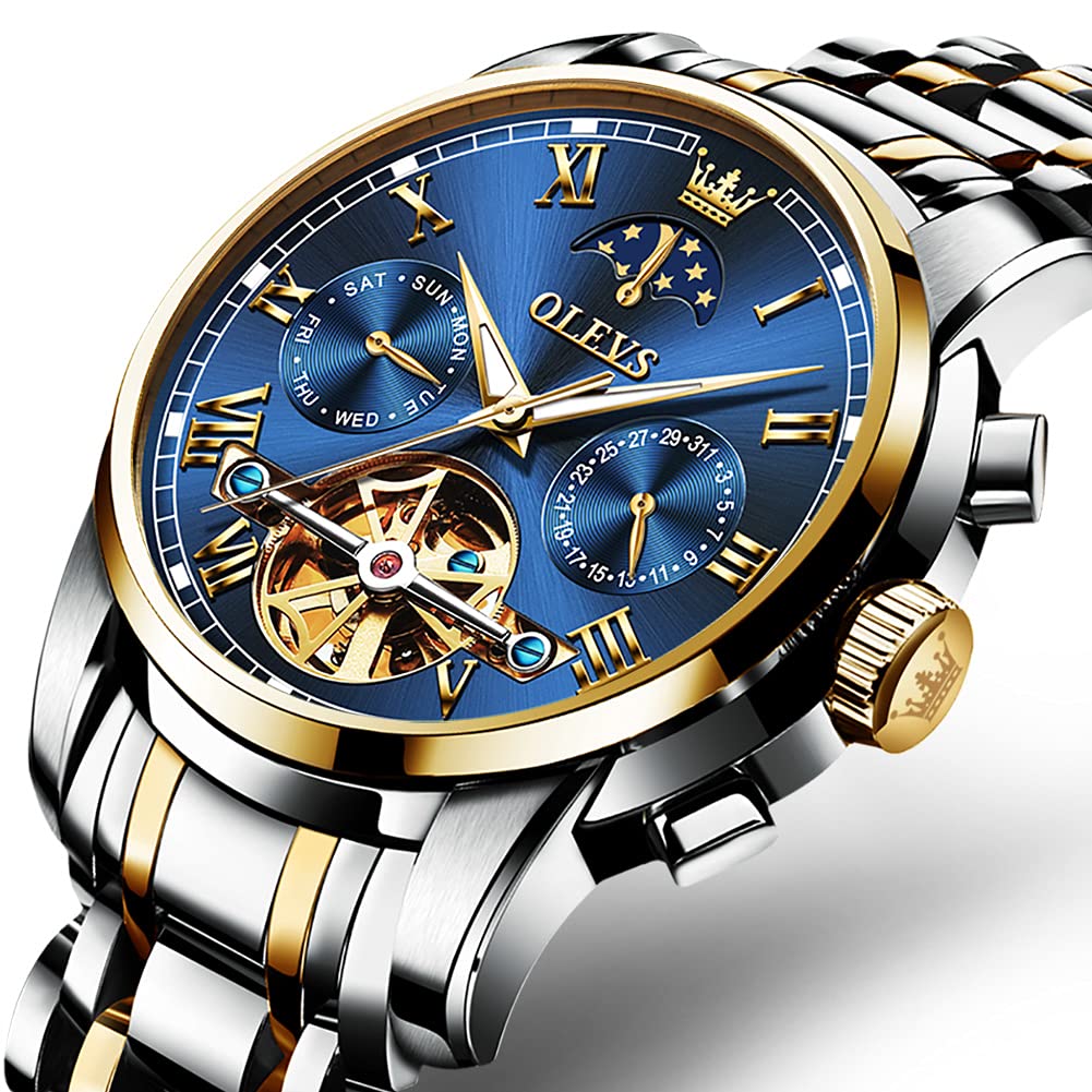 OLEVS Automatic Couple Watches for Men and Women - His and Hers Matching Mechanical Self-Winding Tourbillon Dress Watches with Day Date Calendar, Big Face, Two Tone - Perfect Anniversary Gift for Couples, Wedding, Valentine's Day & Special Occasions