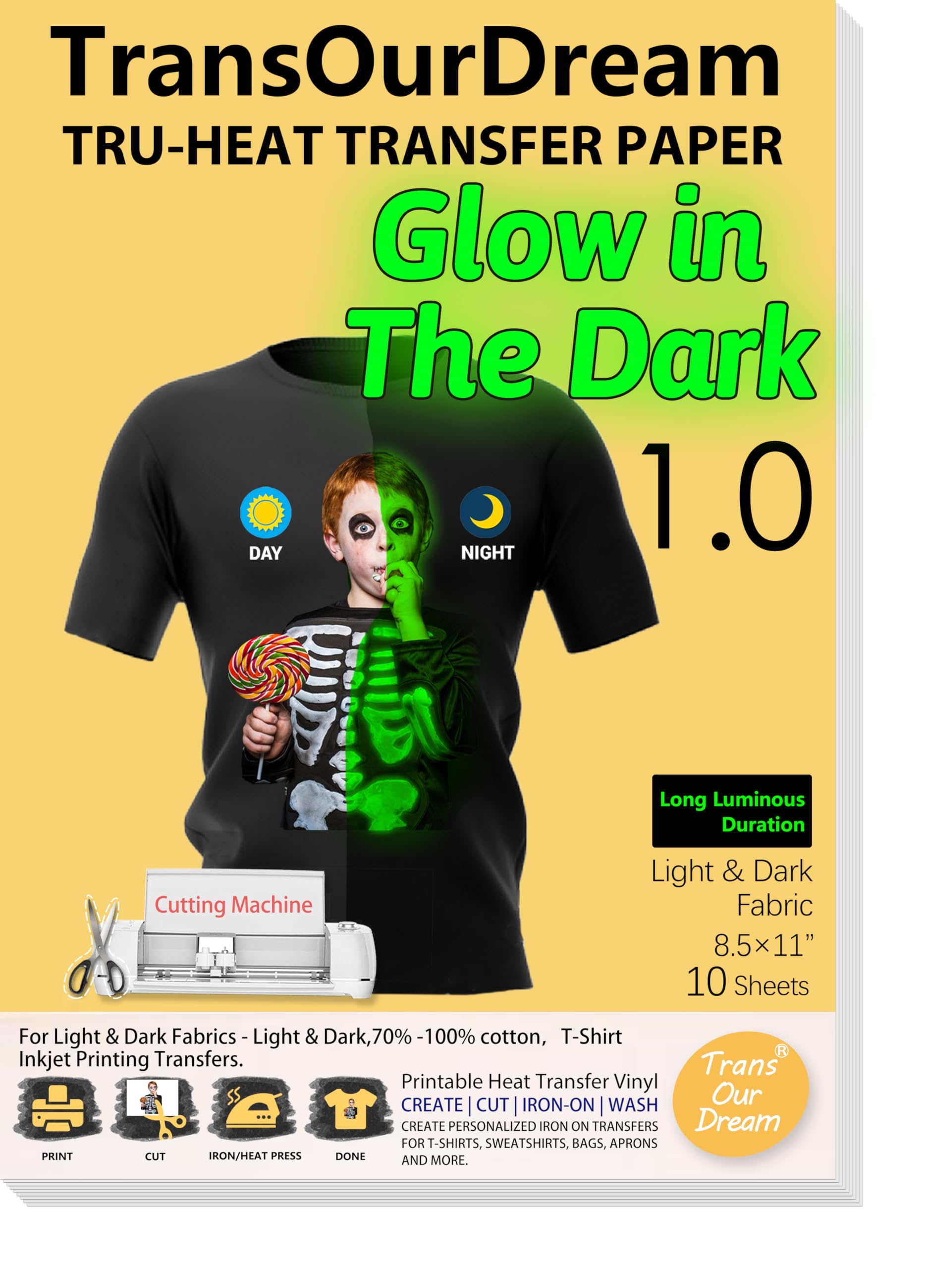 Glow in the Dark Heat Transfer Paper for Dark T-Shirts - 10 Sheets (8.5x11'') - Printable Iron On Transfers for Inkjet Printers - Perfect for DIY Custom T-Shirts, Hoodies & Nighttime Party Apparel