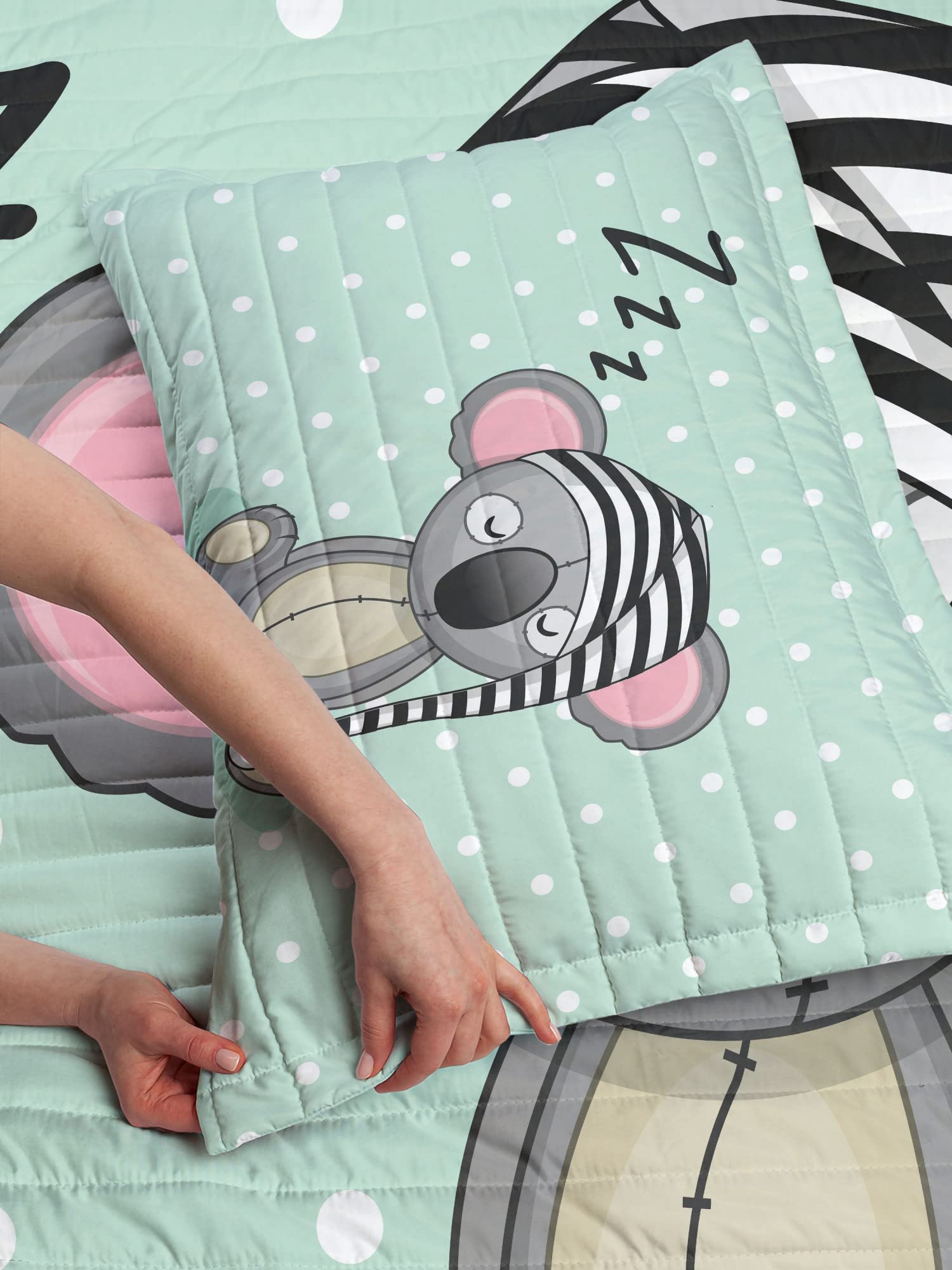 Ambesonne Koala Reversible King Size Bedspread Set - Mint Green Grey Pink Microfiber Comforter with Pillow Shams, Playful Polka Dot & Striped Hat Design - Perfect for Kids' Bedrooms, Nursery Decor, and Cozy Animal-Themed Bedding
