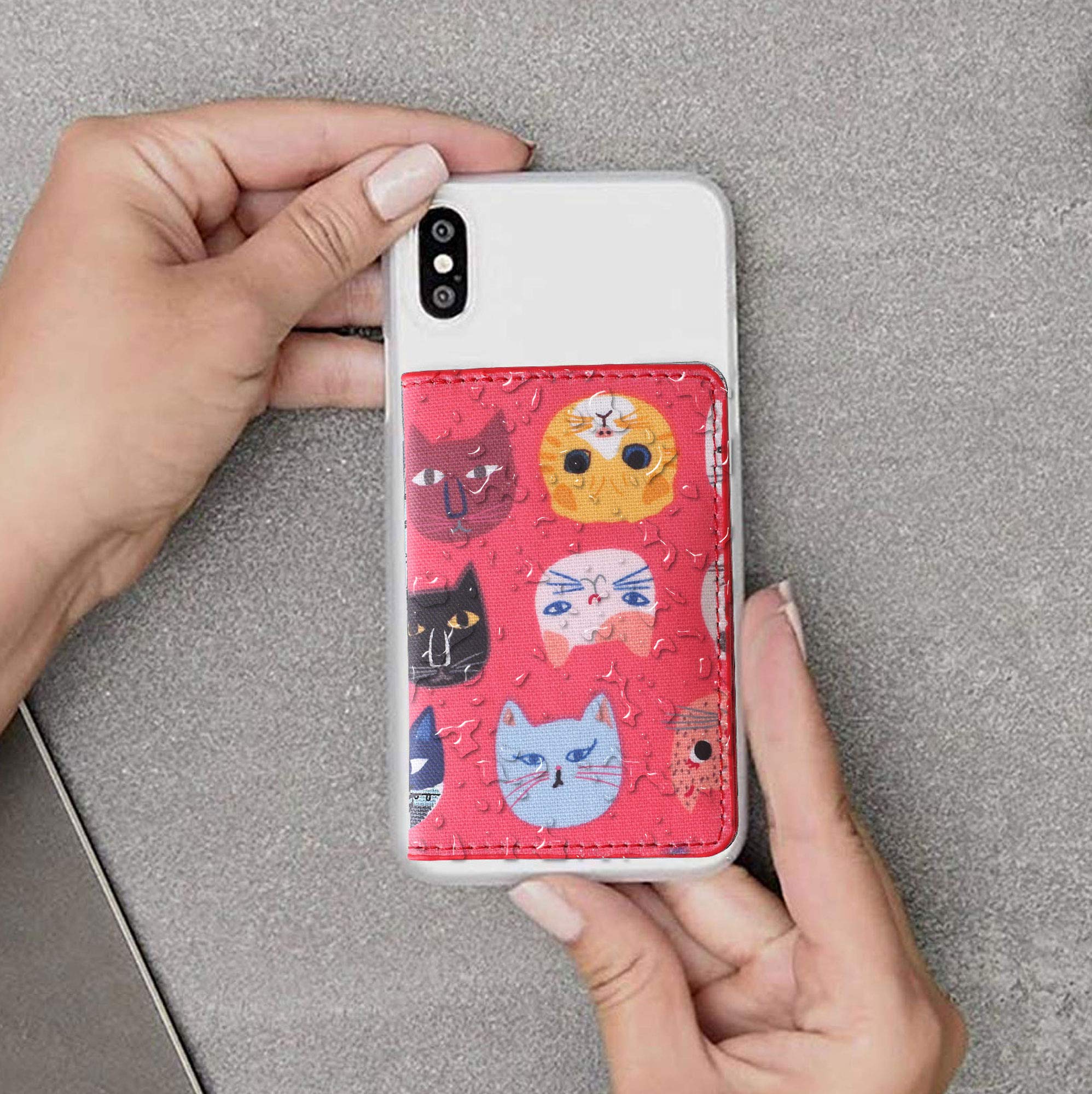 Premium Leather Phone Wallet with ID Card Holder & Stand - Waterproof Adhesive Sticker for iPhone, Samsung & Most Smartphones (Red Cat Design) - Perfect for Work, Travel & Everyday Use