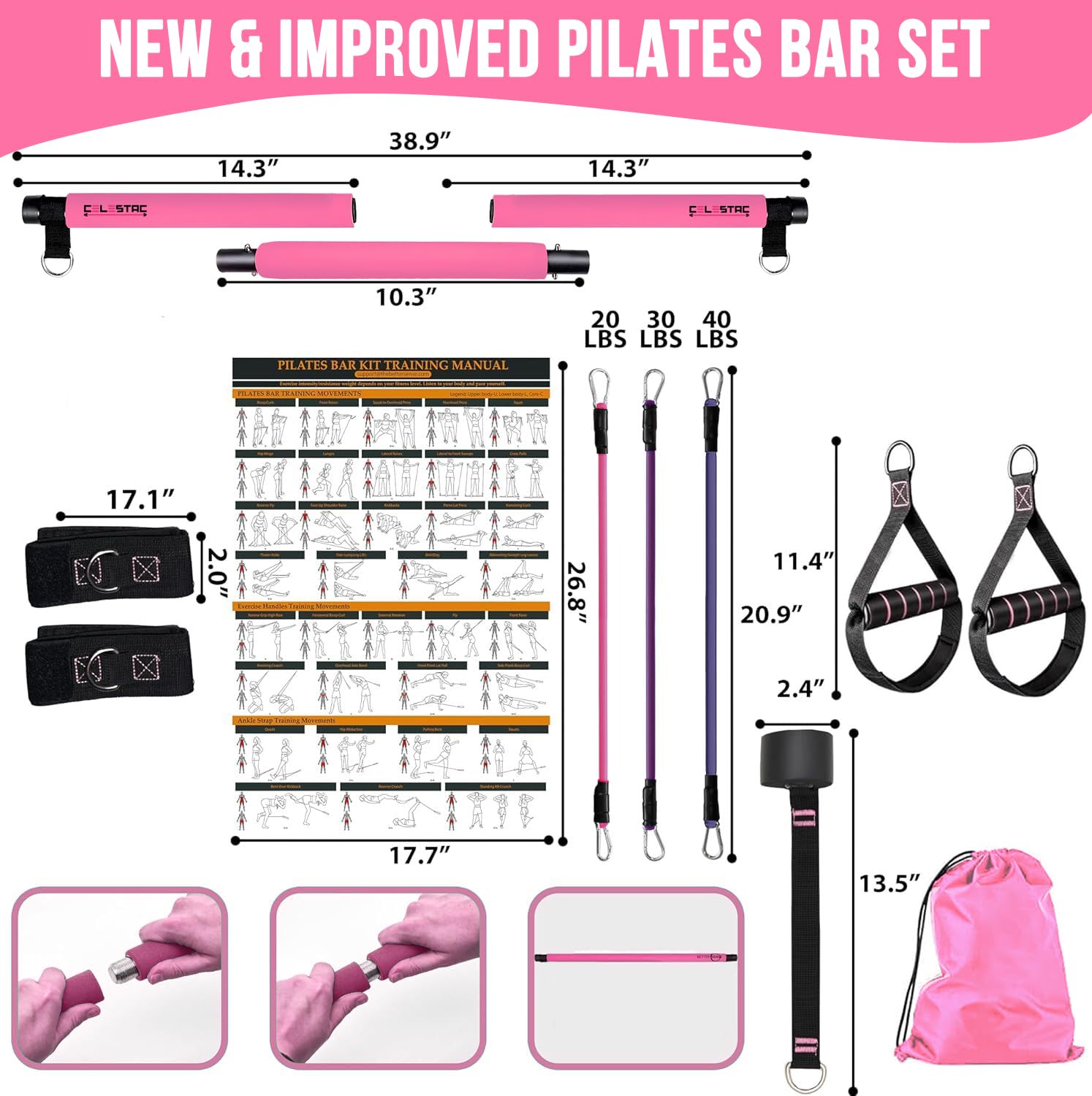 Premium Pilates Bar Kit with Resistance Bands (20/30/40lbs) - Portable Home Gym Equipment for Full Body Workout - Pilates Reformer Alternative for Women & Men - Perfect for Home Fitness, Yoga, Physical Therapy & Strength Training