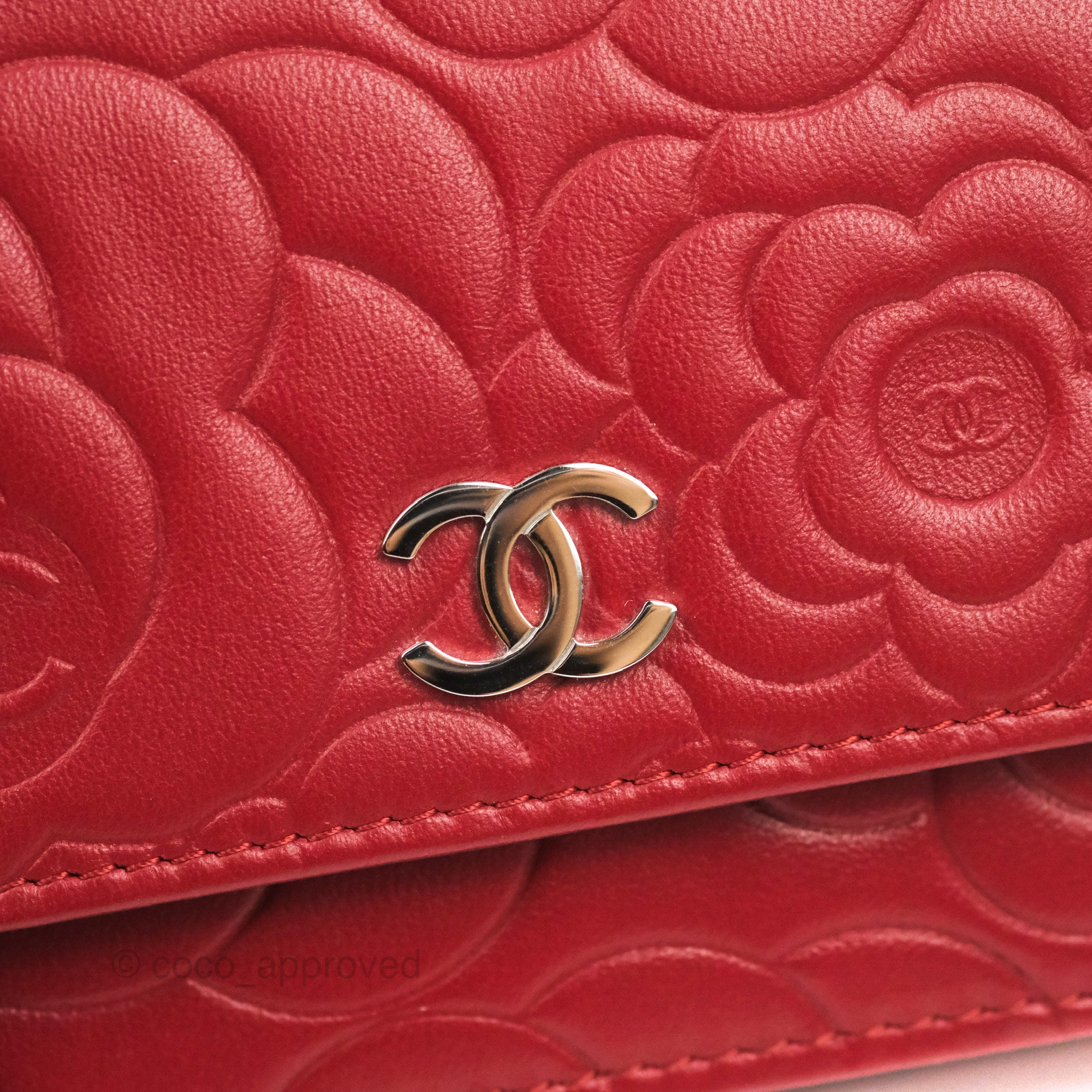 Chanel Camellia Embossed Wallet on Chain WOC in Red Lambskin with Silver Hardware - Luxury Crossbody Bag for Women, Perfect for Evening Events & Date Nights