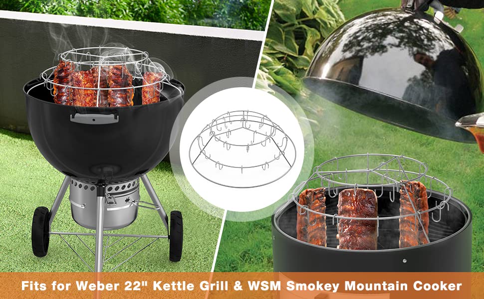 Onlyfire 3-Tier Stainless Steel Rib Hanging System with Removable Hooks - BBQ Grill Accessories for Weber 22