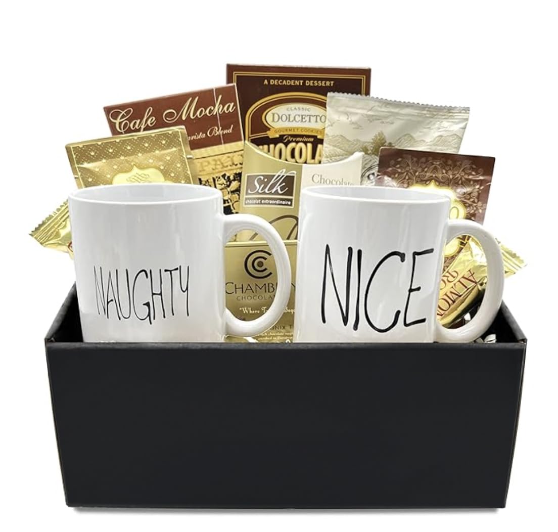 Coffee Gift Basket with Mugs & Snacks for Couples - Perfect for Holidays & Anniversaries
