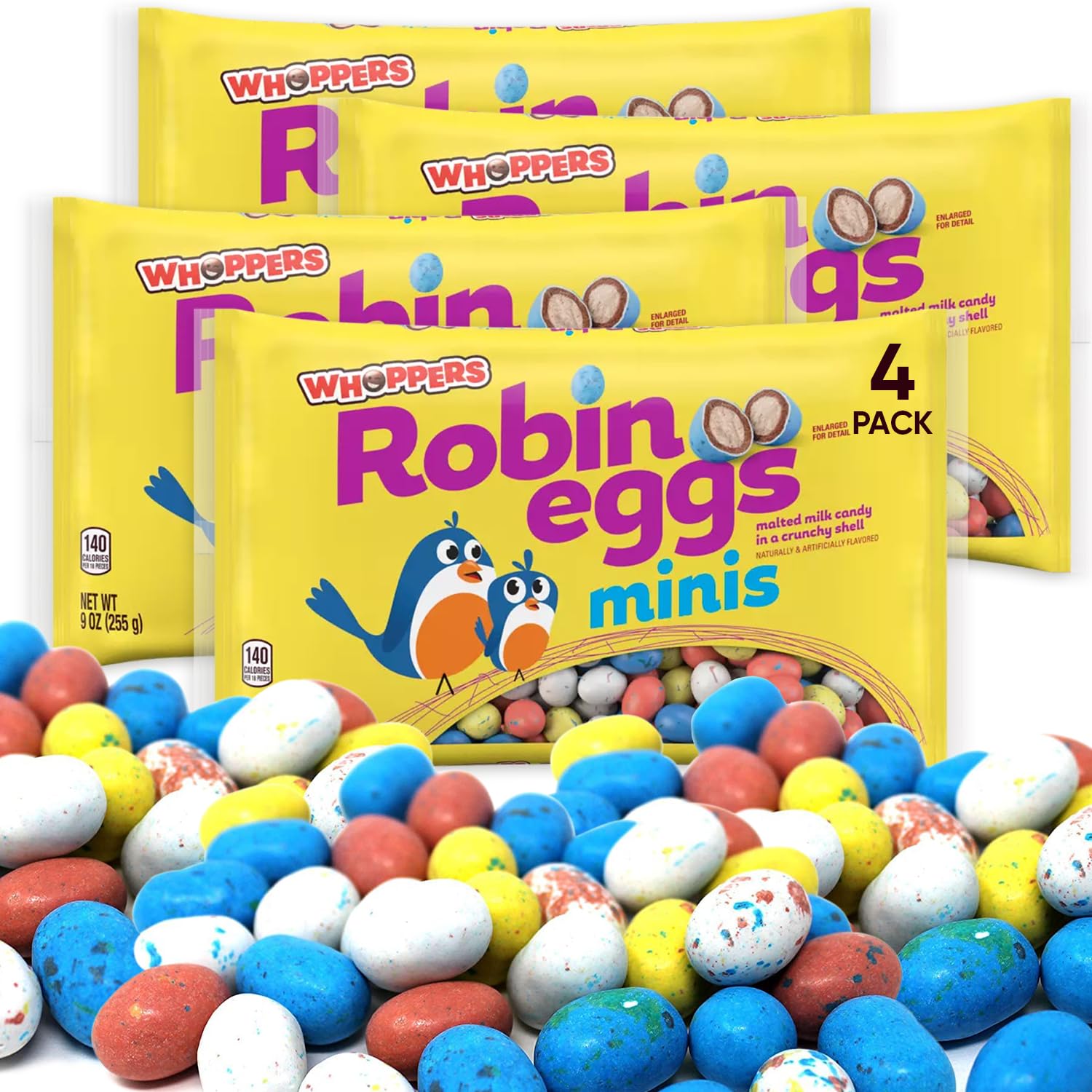 Robin Eggs Whoppers Chocolate Candy 9oz 4 Packs - Malted Milk Balls Easter Treats with Speckled Pastel Shells - Crunchy Easter Basket Stuffers for Kids & Adults - Perfect for Easter Celebrations, Party Favors, and Holiday Gift Giving
