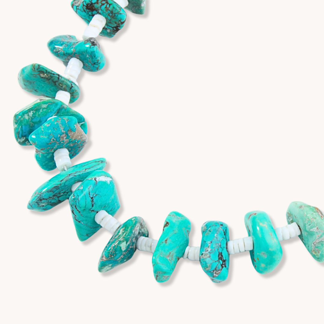 Turquoise Nugget & White Shell Heishe Beads Necklace - Handmade Native American Jewelry for Women, Boho Chic Accessory | Perfect for Festivals, Weddings & Everyday Wear