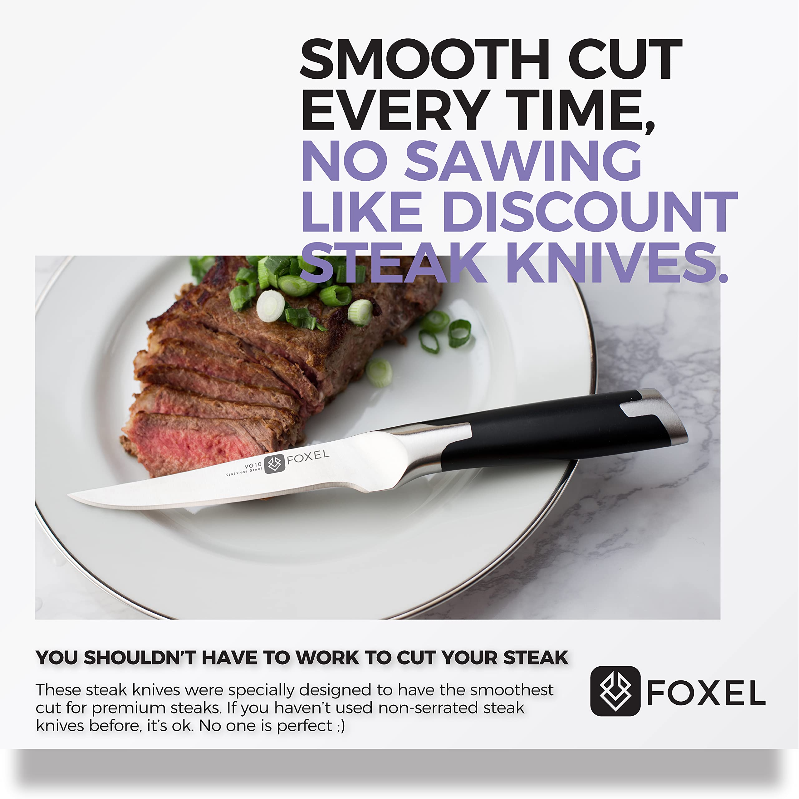 FOXEL Premium Steak Knife Set - 4, 8, or 12 Piece Non-Serrated Straight Edge Razor Sharp Knives - Japanese VG10 Stainless Steel Rust Resistant - Gift Box Included - Hand Wash Only - Perfect for Steak Dinners, BBQ Parties & Fine Dining Experience