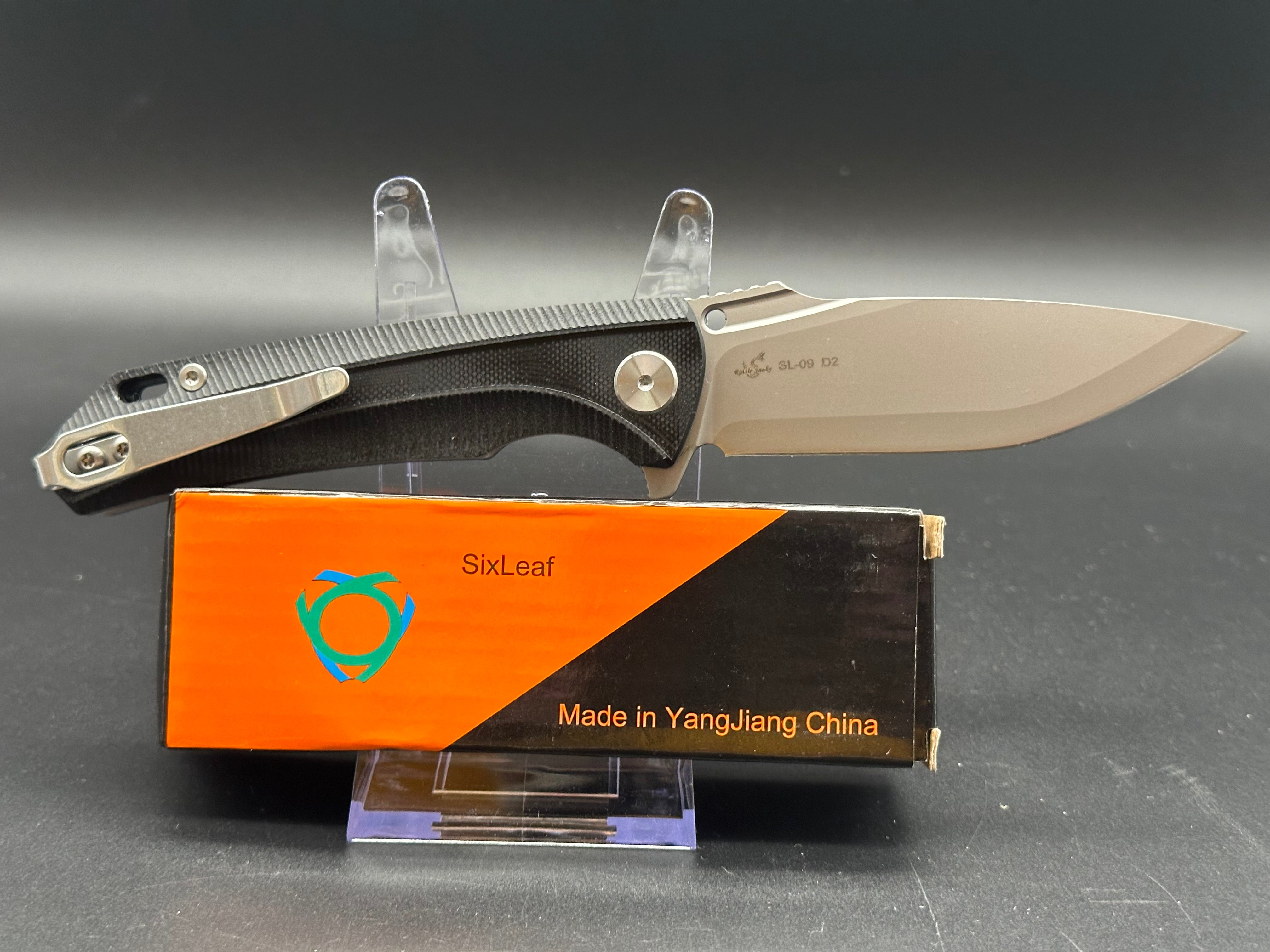 SIXLEAF SL 09 Folding Knife - Black G10 Handle, D2 Steel Plain Edge Blade - EDC, Camping, Hunting & Outdoor Survival Tool