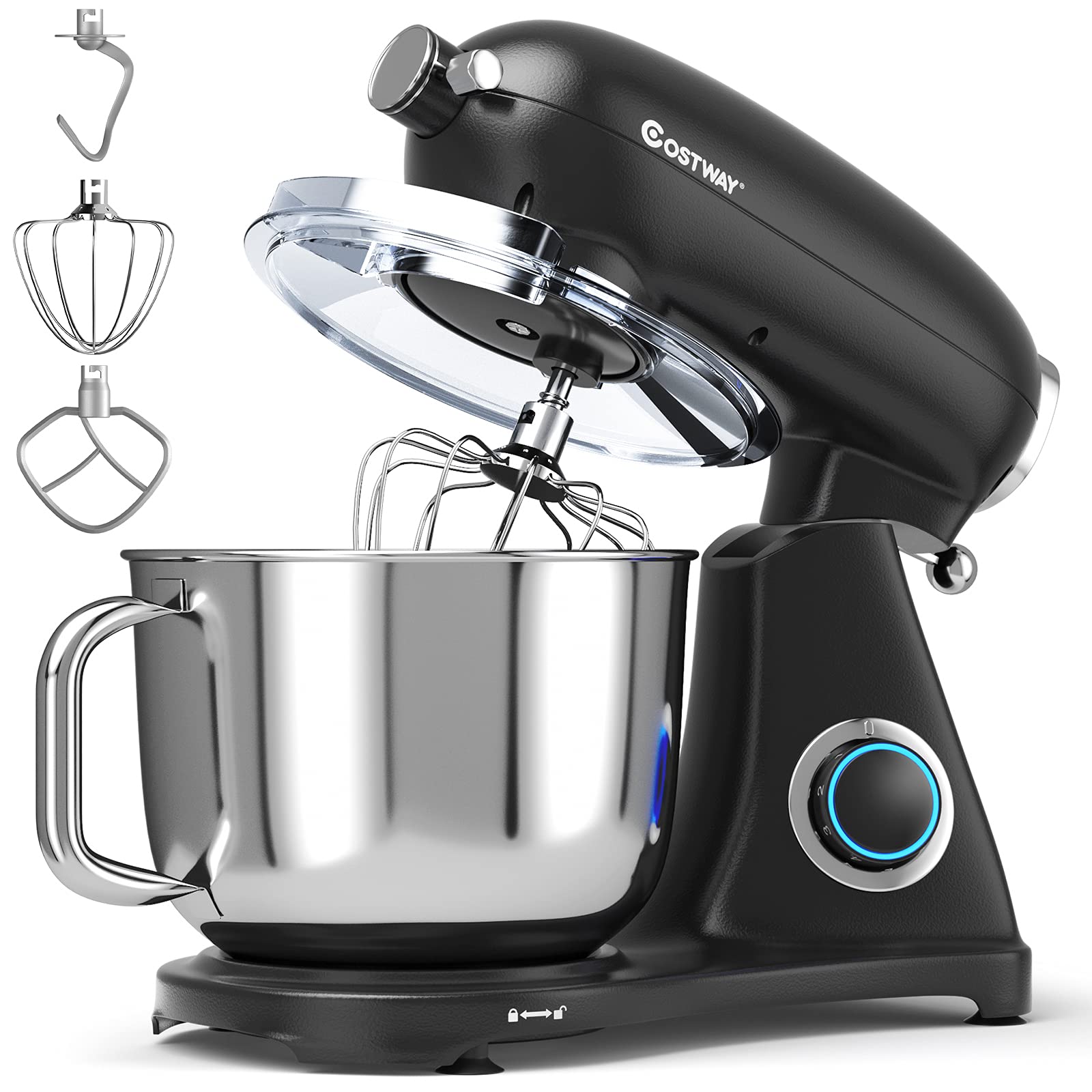 COSTWAY 7 Quart Stand Mixer, 800W 6-Speed Electric Tilt-Head Food Mixer with Dough Hook, Whisk & Beater - Pulse Function & Power Hub for Attachments (Black) - Perfect for Baking Bread, Cakes, Cookies & More in Home Kitchens
