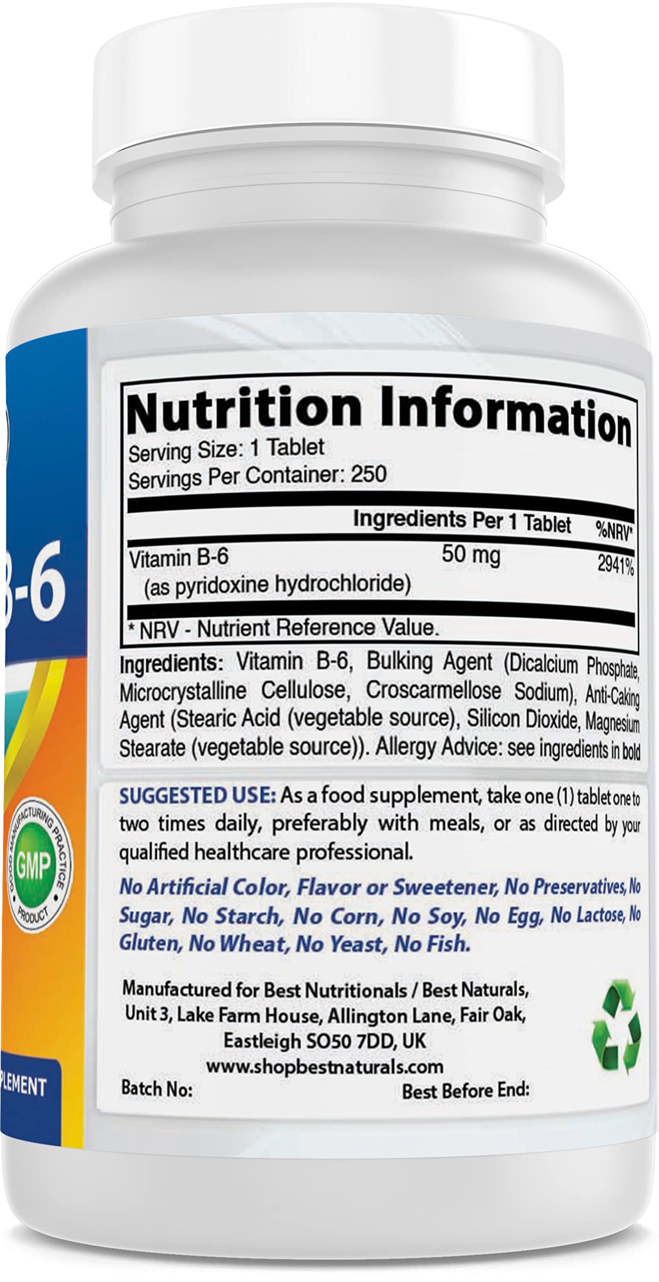 Best Naturals Vitamin B6 50mg - 250 Tablets | Supports Energy, Metabolism & Nervous System | Daily Supplement for Adults & Seniors | Non-GMO & Gluten Free