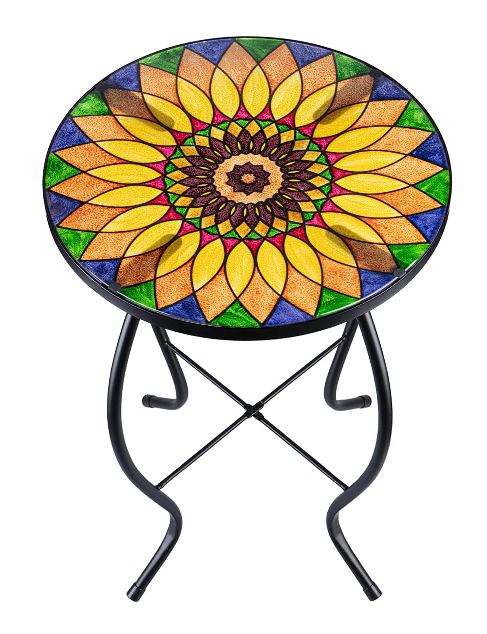VCUTEKA Yellow Sunflower Mosaic Outdoor Side Table - 14 Inch Round Glass Top Patio Coffee Table for Balcony, Garden & Indoor Decor | Perfect for Drinks, Books & Plant Display