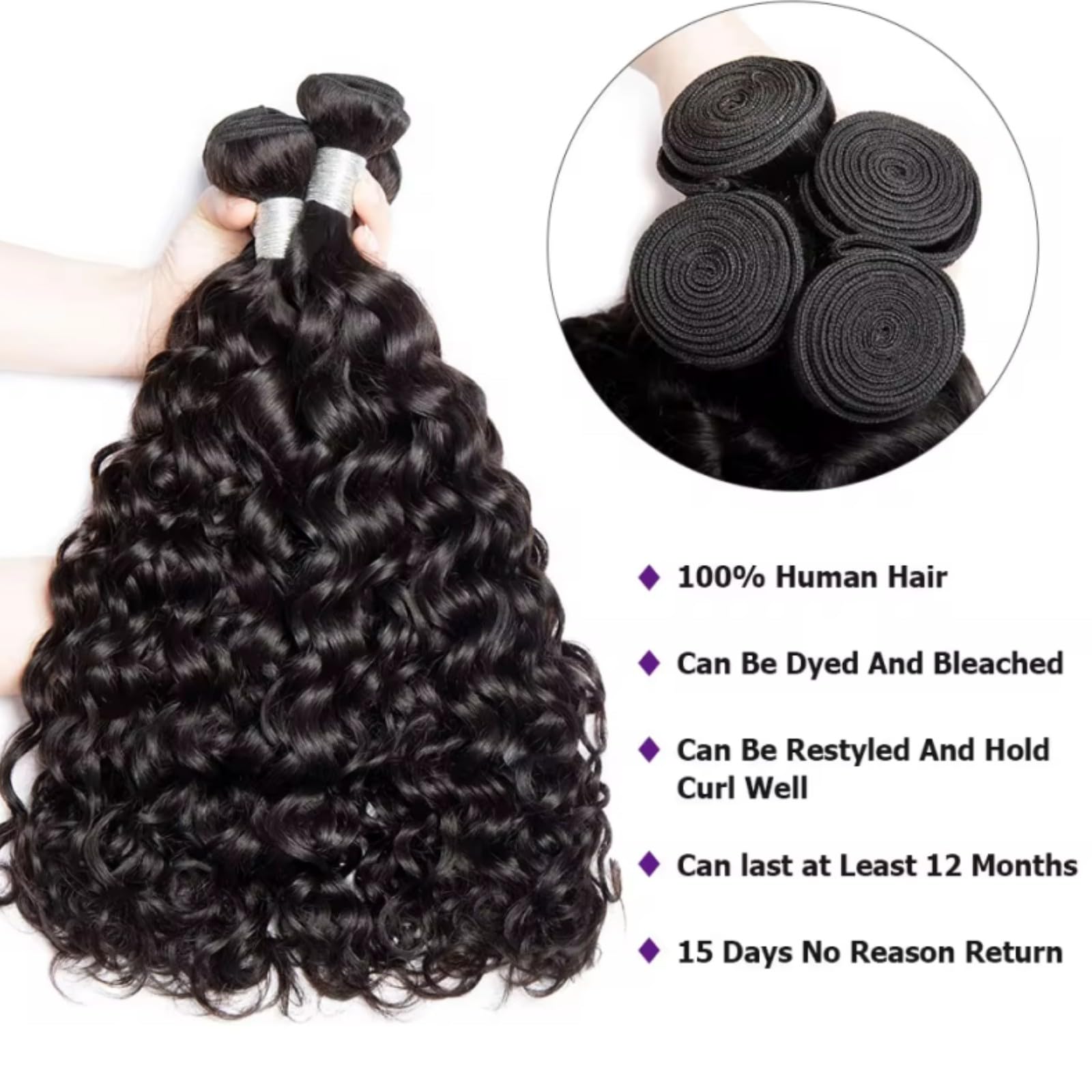 100% Unprocessed Human Hair Bundles with Extensions - 100g/Bundle, Natural Black, Water Wave (20 22 24 26 Inch) | Premium Virgin Hair for Women | Perfect for Styling, Weaving & Everyday Glam