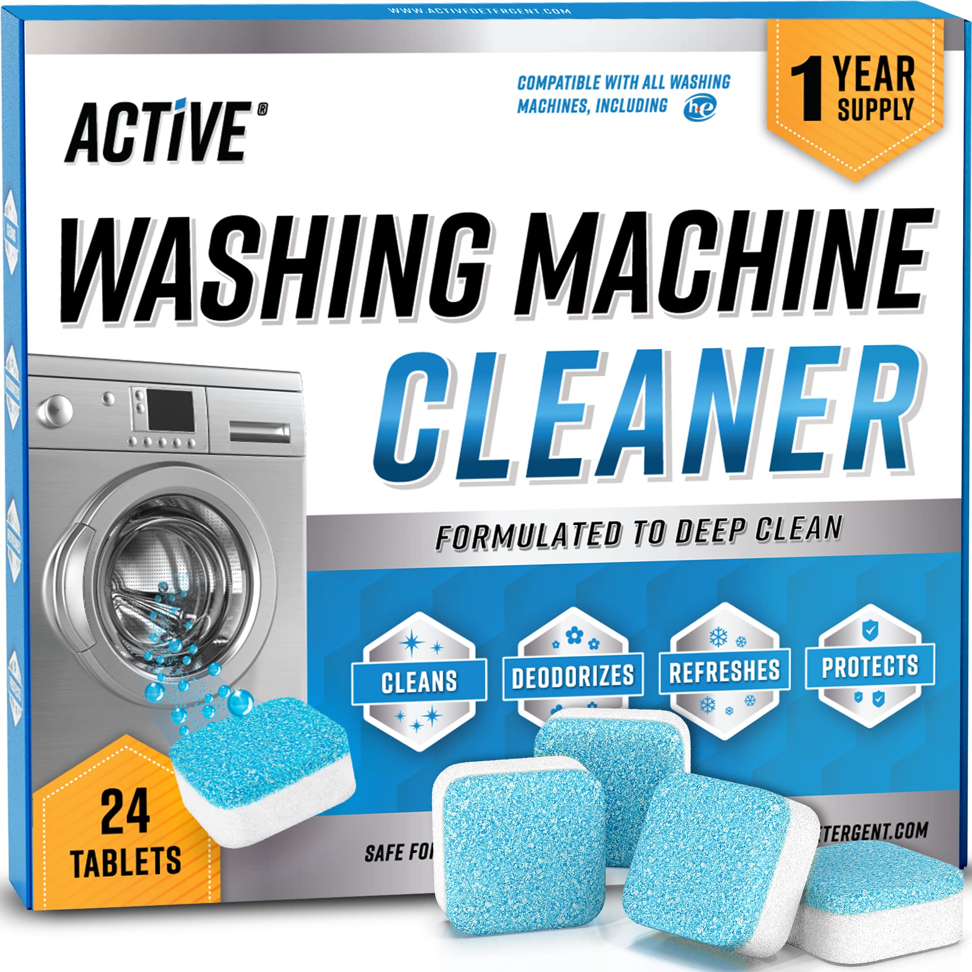 ACTIVE Washing Machine Cleaner Descaler Tablets - 24 Pack | Deep Cleaning for HE Front Load & Top Load Washers | Removes Odor, Mold & Residue | Safe for All Machines | Perfect for Monthly Maintenance & Laundry Refresh